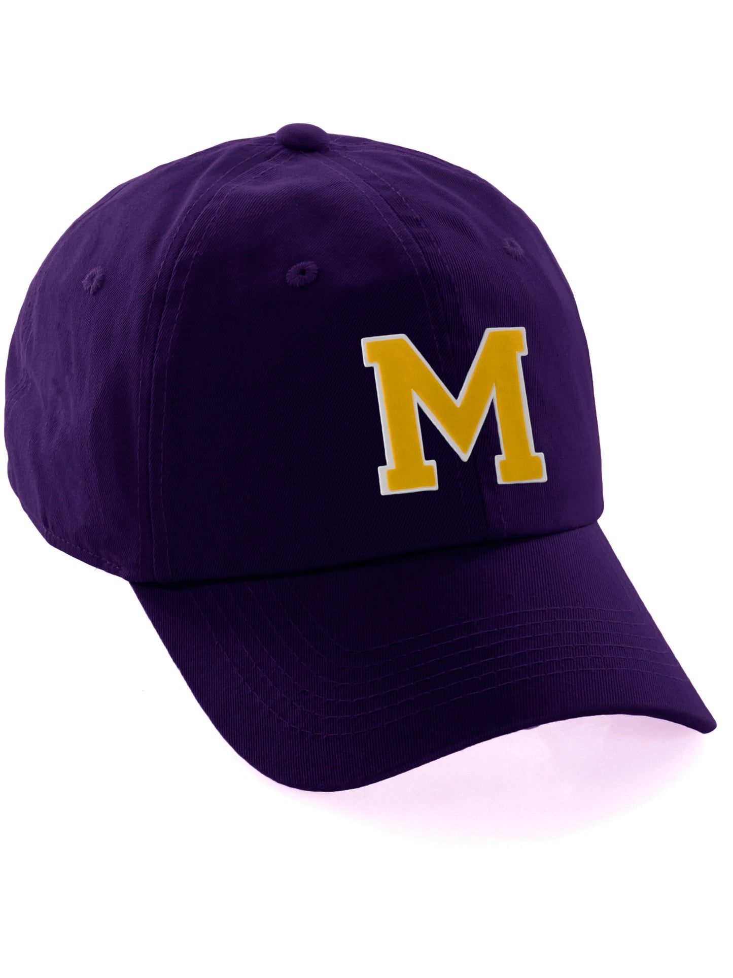 Customized Letter Initial Baseball Hat A to Z Team Colors, Purple Cap White Gold