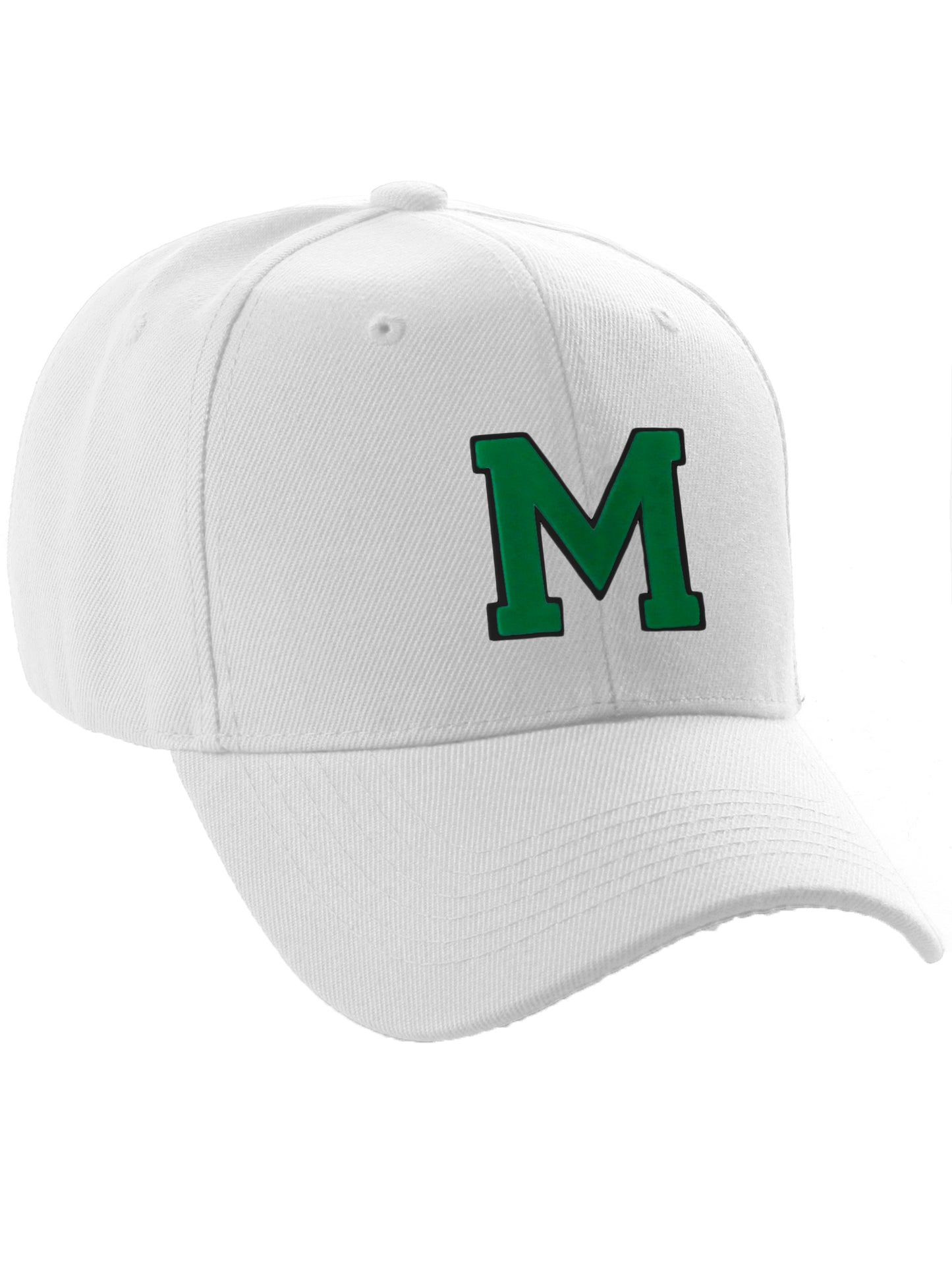 Classic Baseball Hat Custom A to Z Initial Team Letter, White Cap Black Green