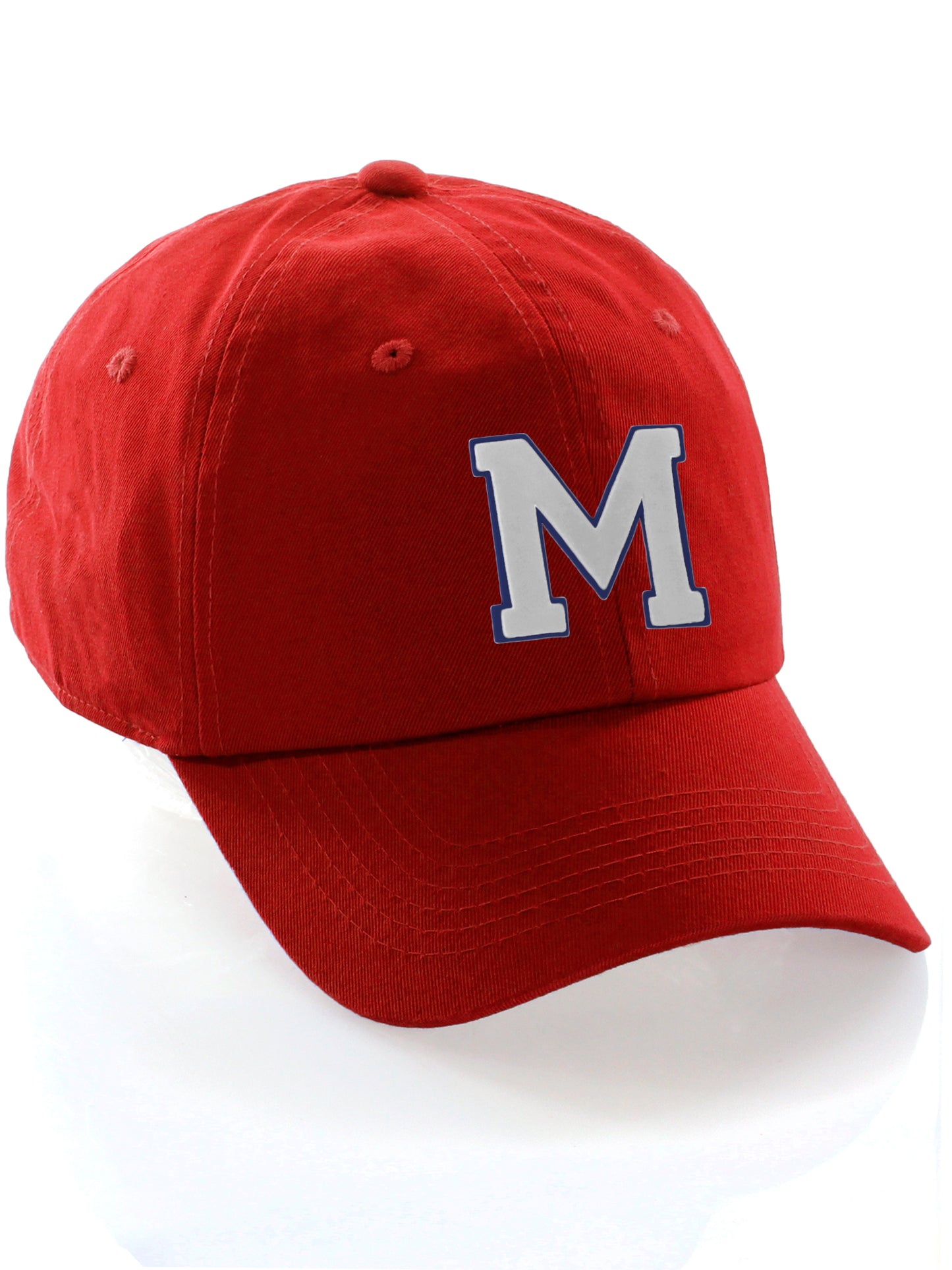 Customized Letter Initial Baseball Hat A to Z Team Colors, Red Cap Blue White