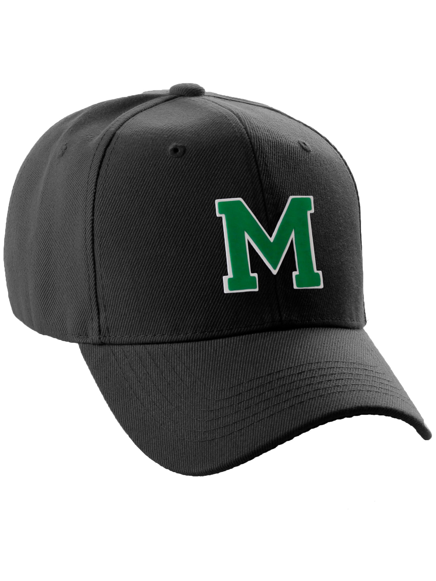 Classic Baseball Hat Custom A to Z Initial Team Letter, Black Cap White Green