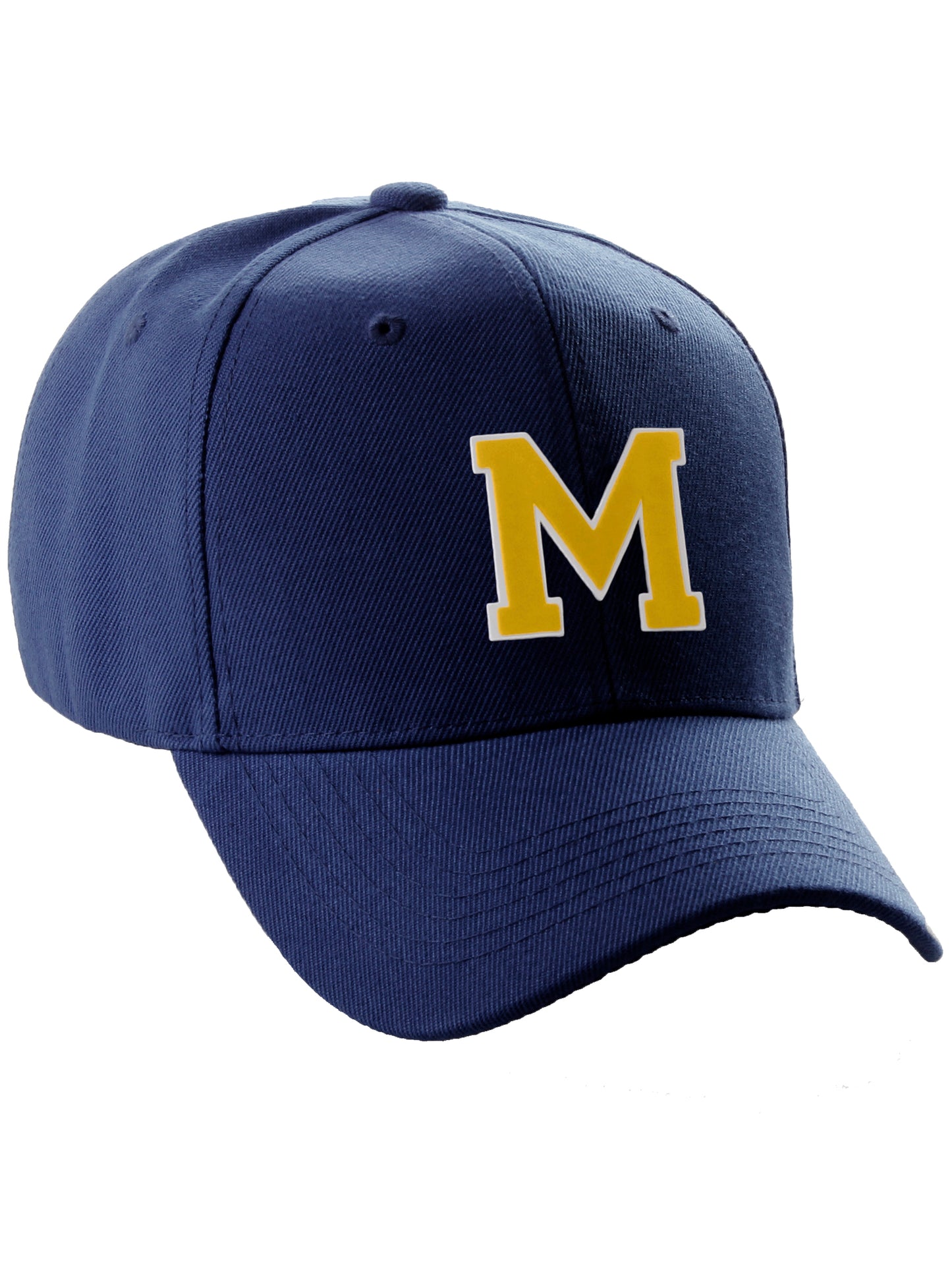 Classic Baseball Hat Custom A to Z Initial Team Letter, Navy Cap White Gold