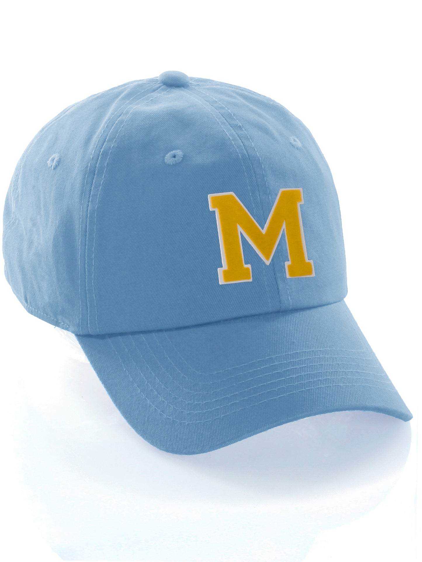 Customized Letter Initial Baseball Hat A to Z Team Colors, Sky Cap White Gold