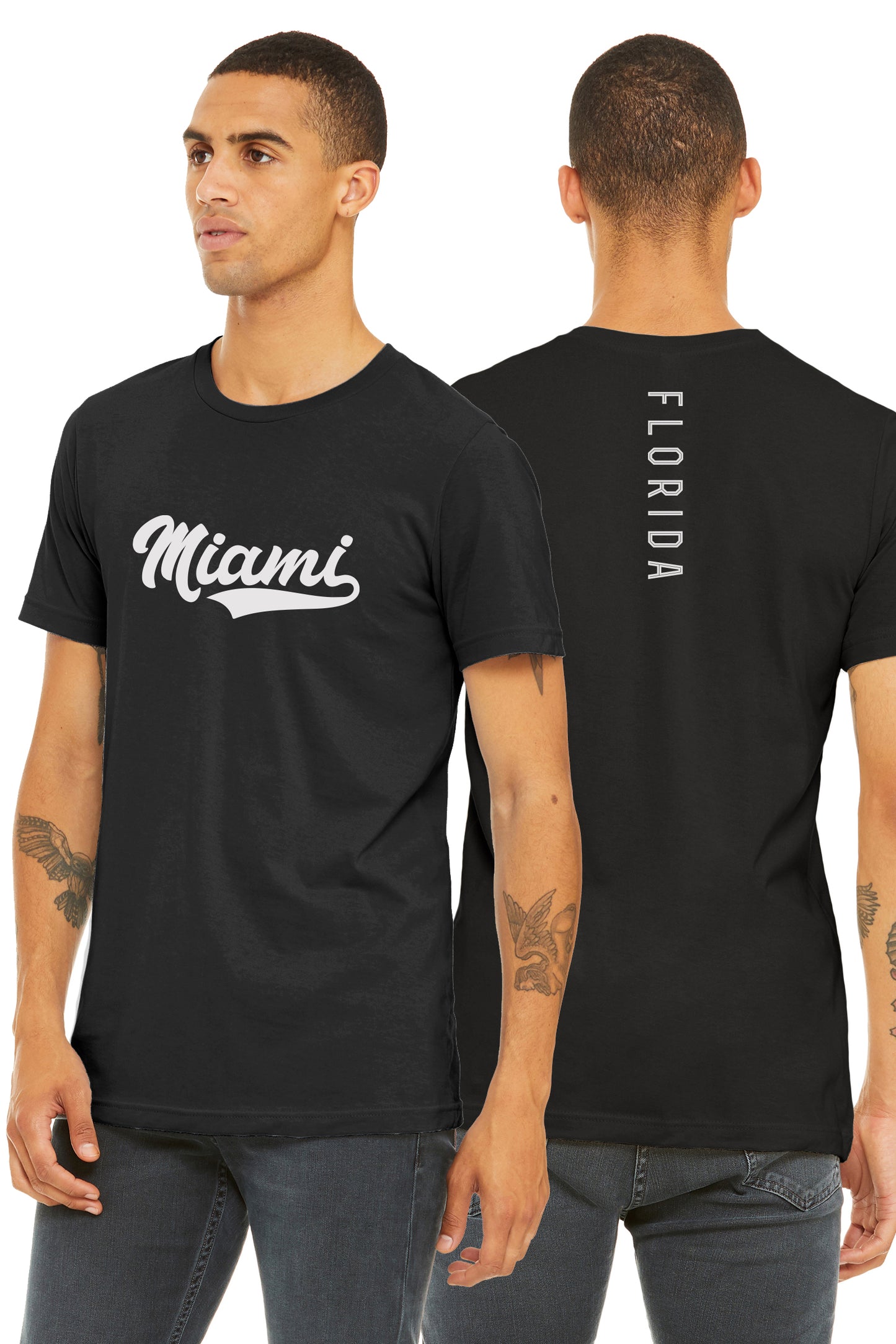 Daxton Adult Unisex Tshirt Miami Script with Florida Vertical on the Back