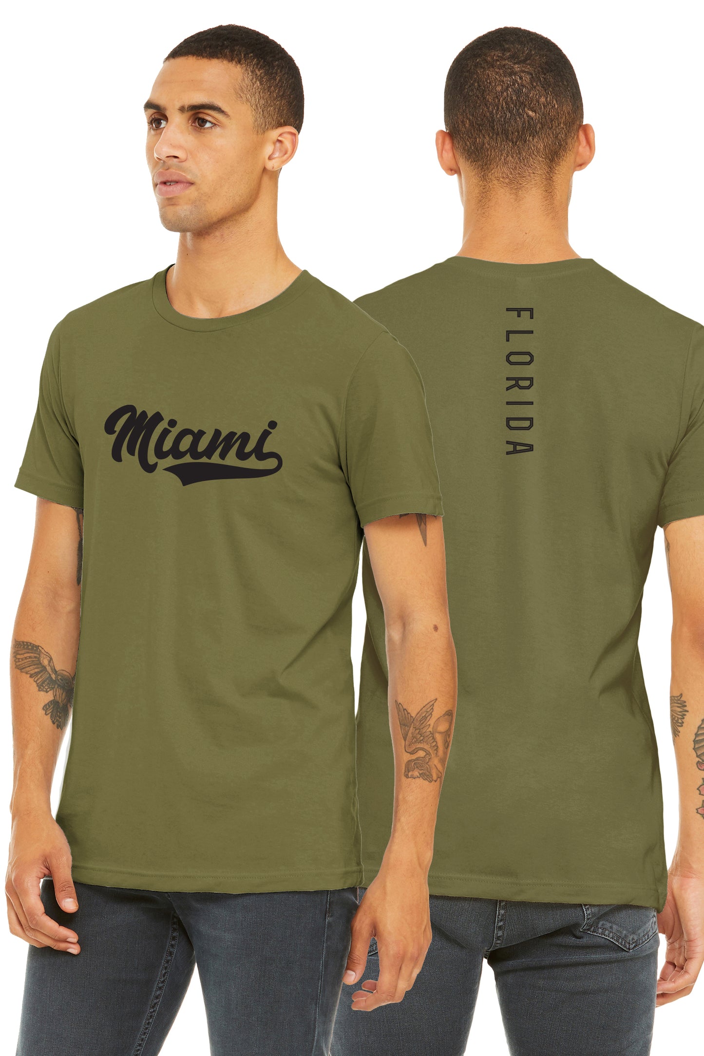 Daxton Adult Unisex Tshirt Miami Script with Florida Vertical on the Back