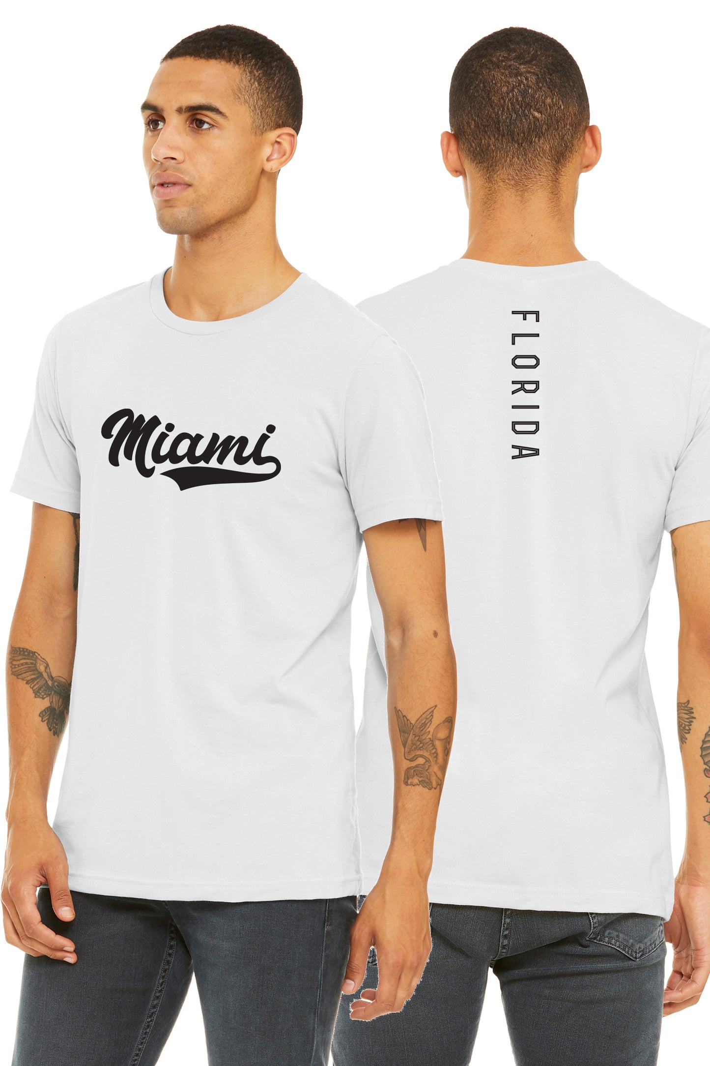 Daxton Adult Unisex Tshirt Miami Script with Florida Vertical on the Back