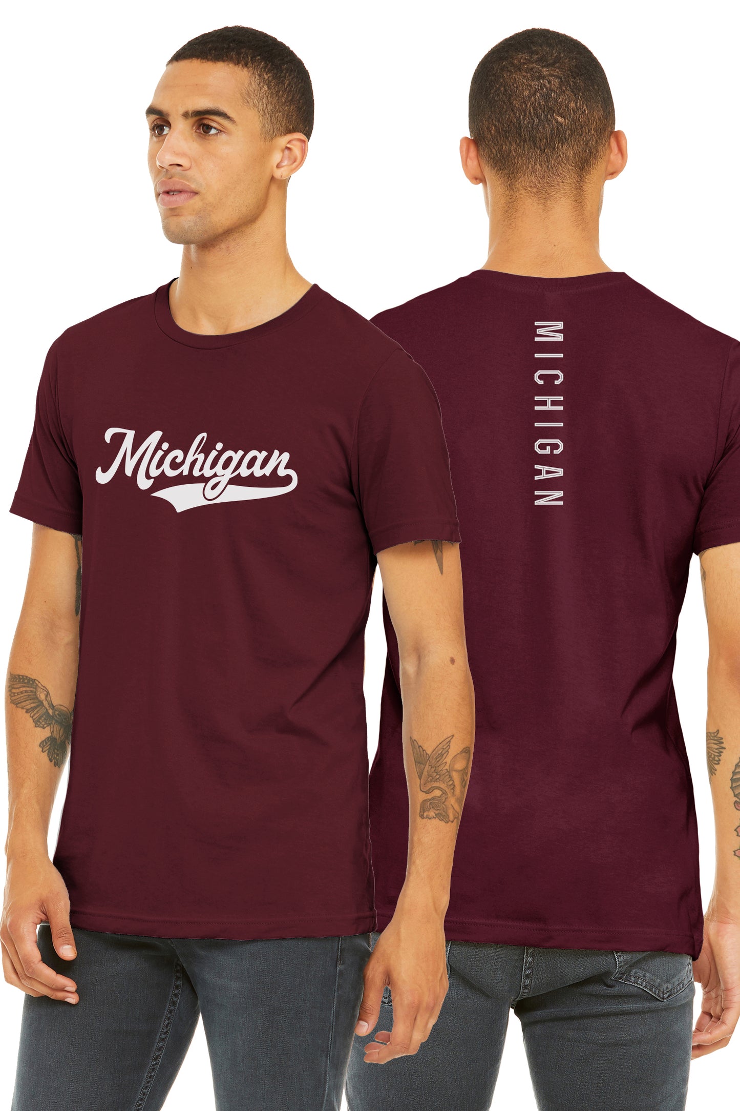 Daxton Adult Unisex Tshirt Michigan Script with Vertical on the Back