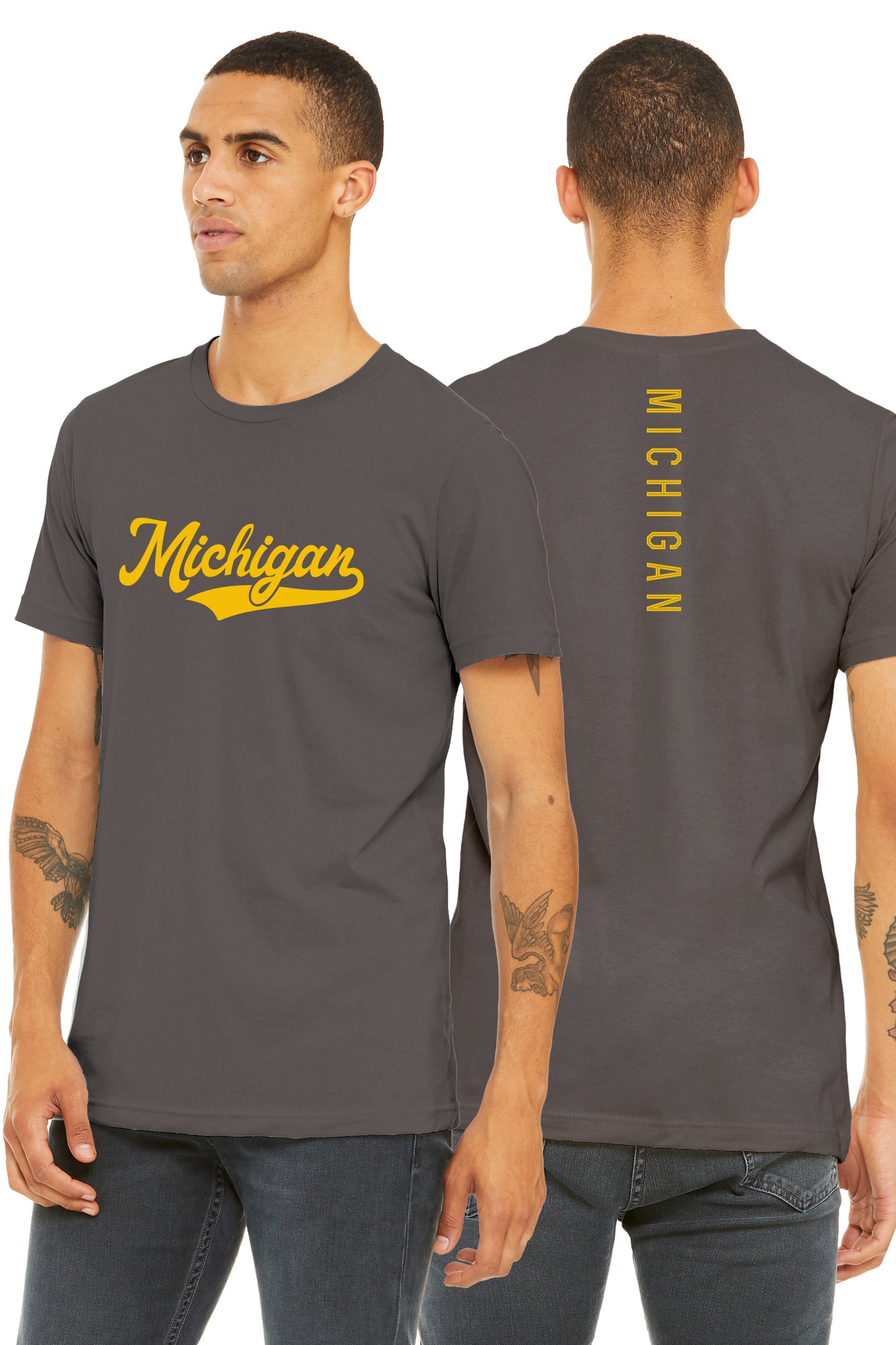 Daxton Adult Unisex Tshirt Michigan Script with Vertical on the Back