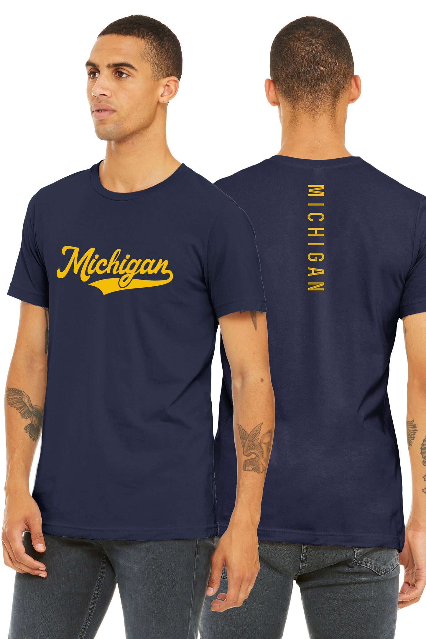 Daxton Adult Unisex Tshirt Michigan Script with Vertical on the Back