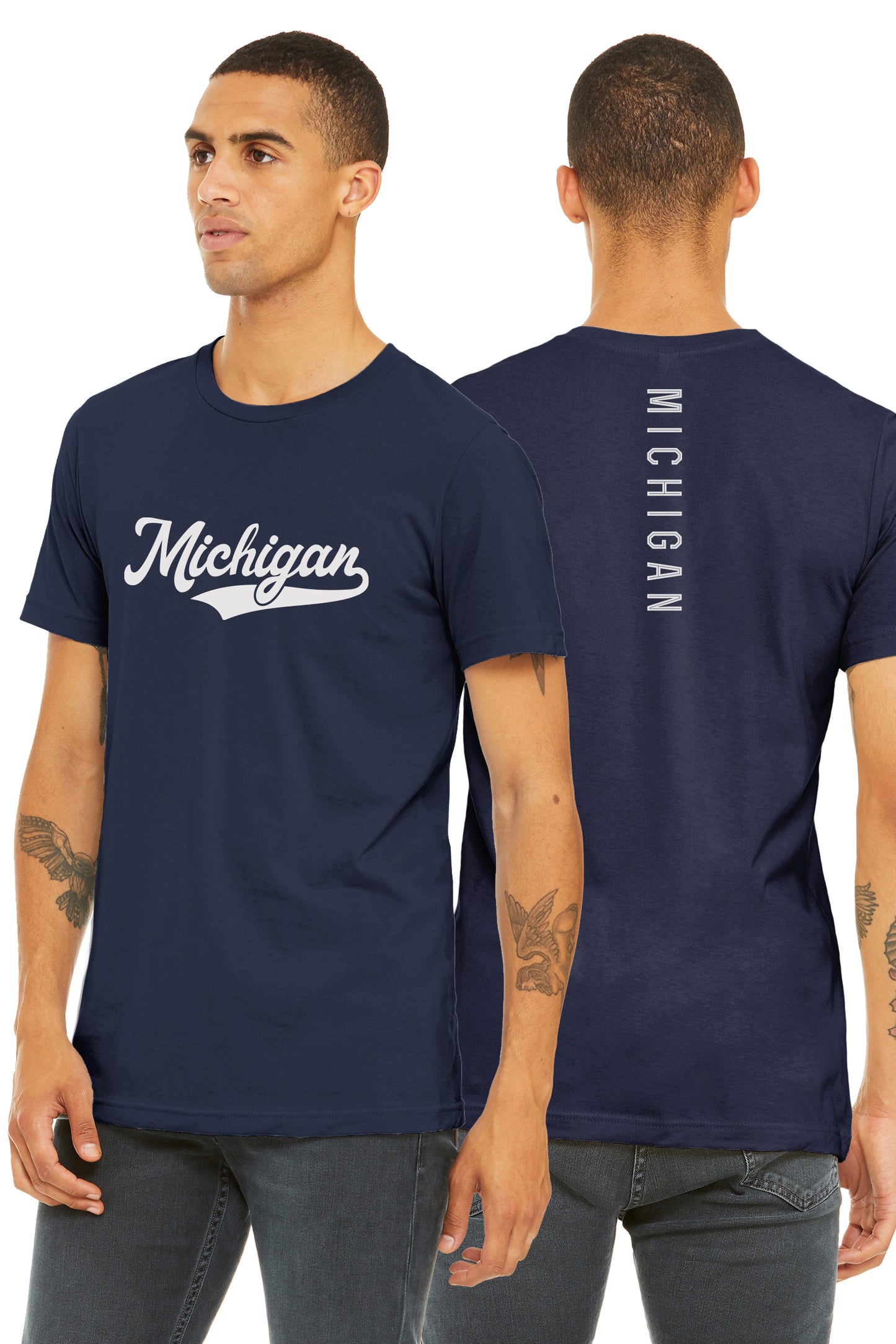 Daxton Adult Unisex Tshirt Michigan Script with Vertical on the Back