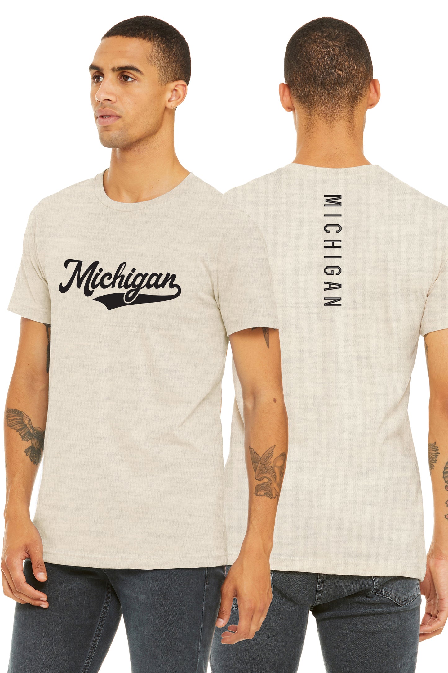 Daxton Adult Unisex Tshirt Michigan Script with Vertical on the Back