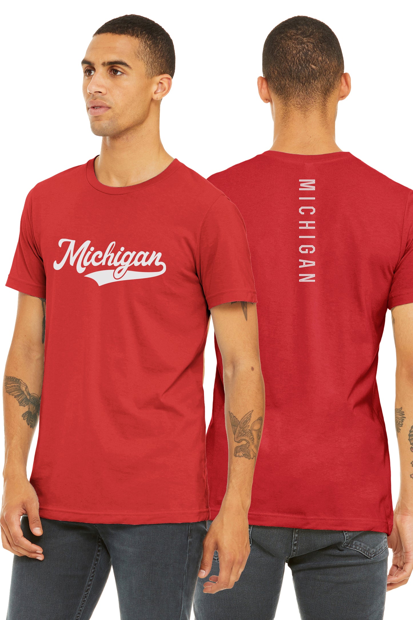 Daxton Adult Unisex Tshirt Michigan Script with Vertical on the Back