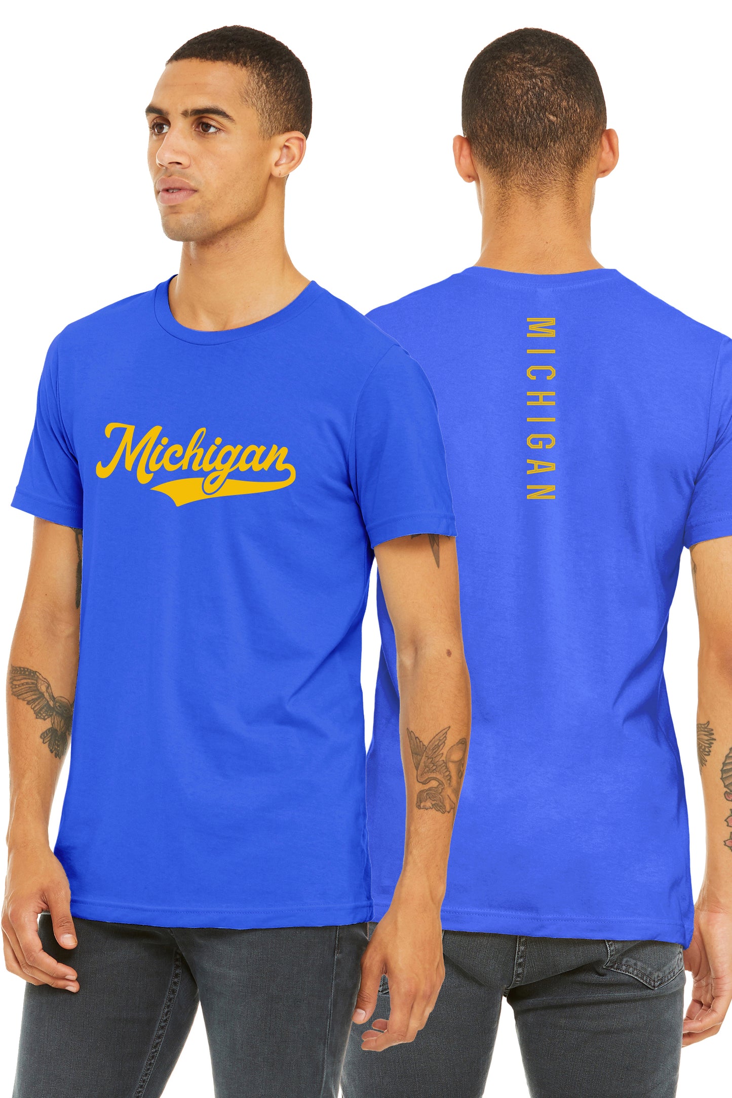 Daxton Adult Unisex Tshirt Michigan Script with Vertical on the Back