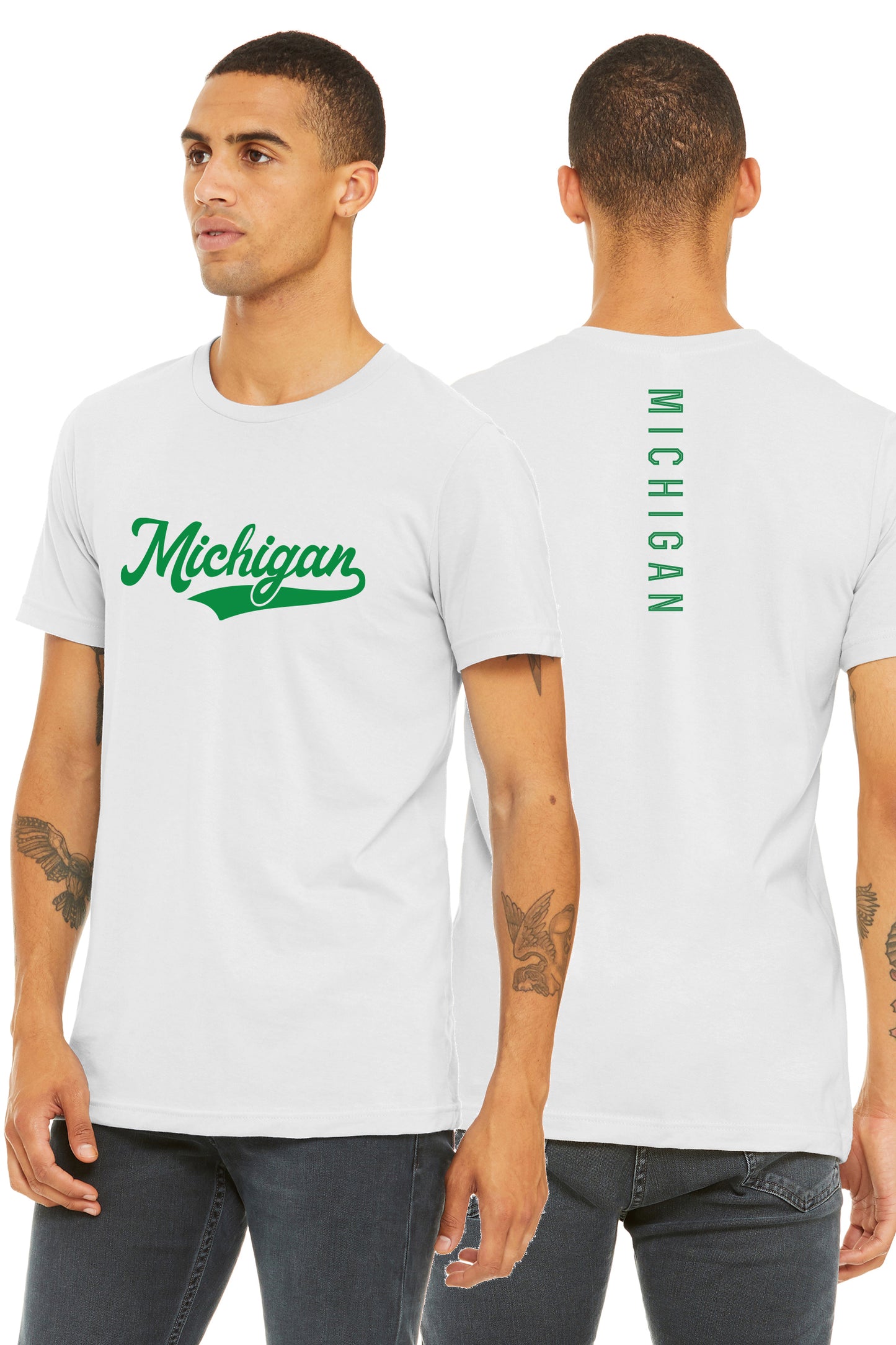 Daxton Adult Unisex Tshirt Michigan Script with Vertical on the Back