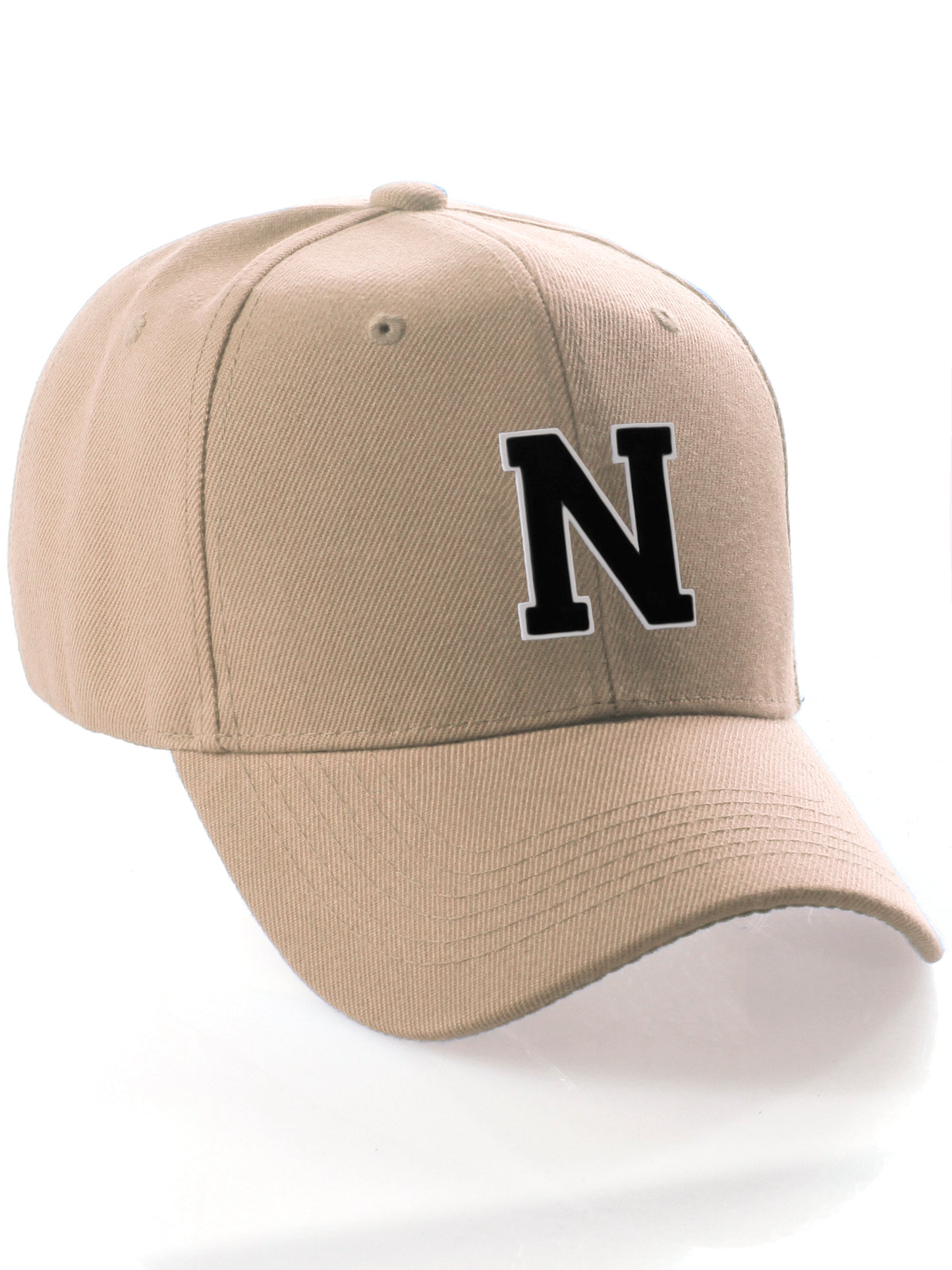 Classic Baseball Hat Custom A to Z Initial Team Letter, Khaki Cap White Black