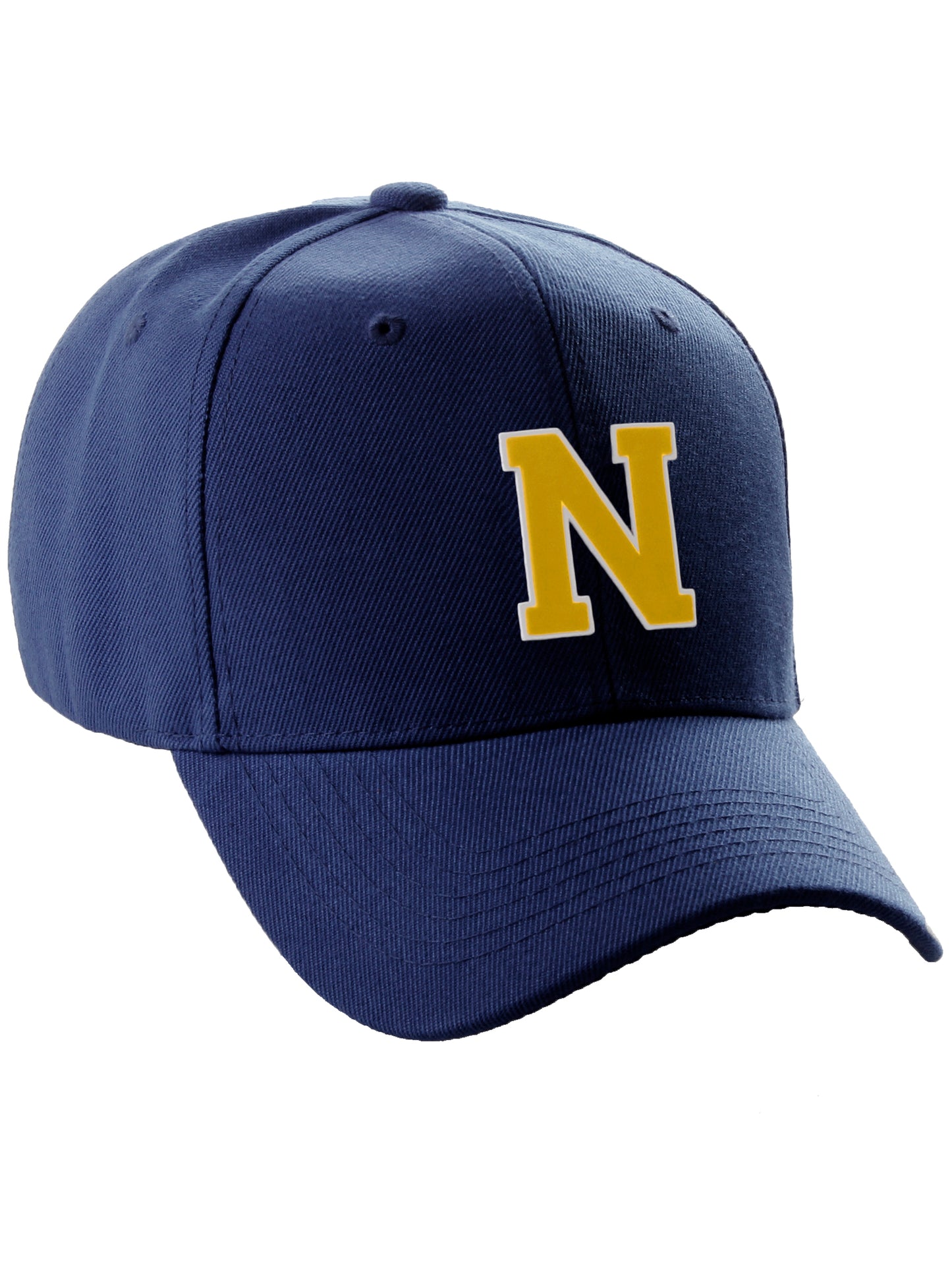Classic Baseball Hat Custom A to Z Initial Team Letter, Navy Cap White Gold