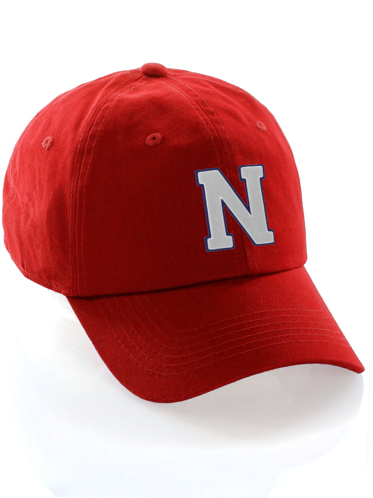 Customized Letter Initial Baseball Hat A to Z Team Colors, Red Cap Blue White