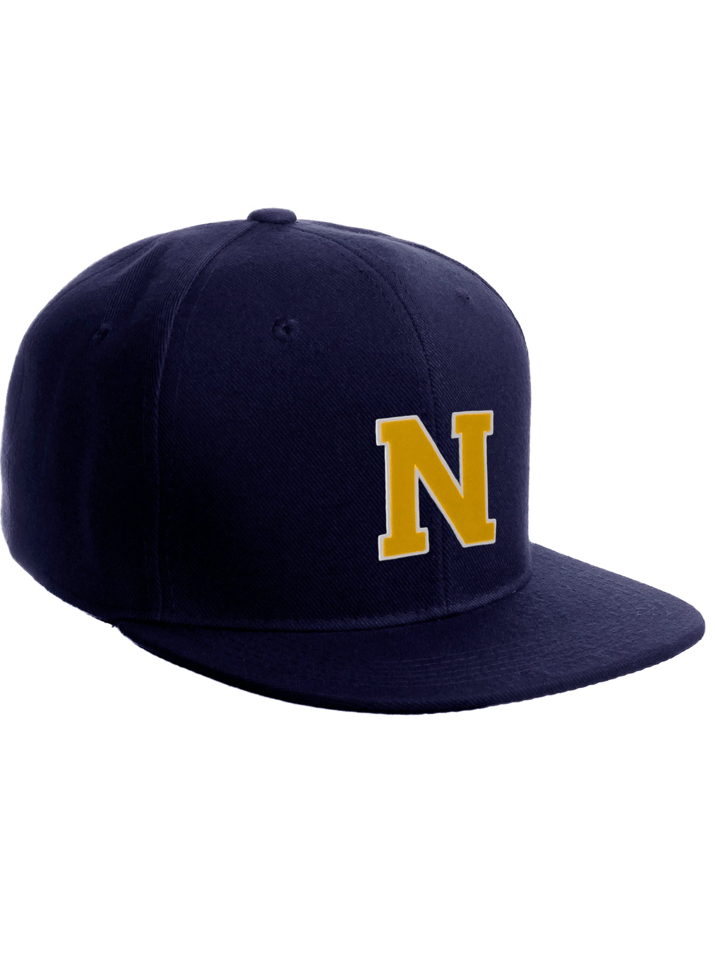 Classic Snapback Hat Custom A to Z Initial Letters, Navy Cap White Gold