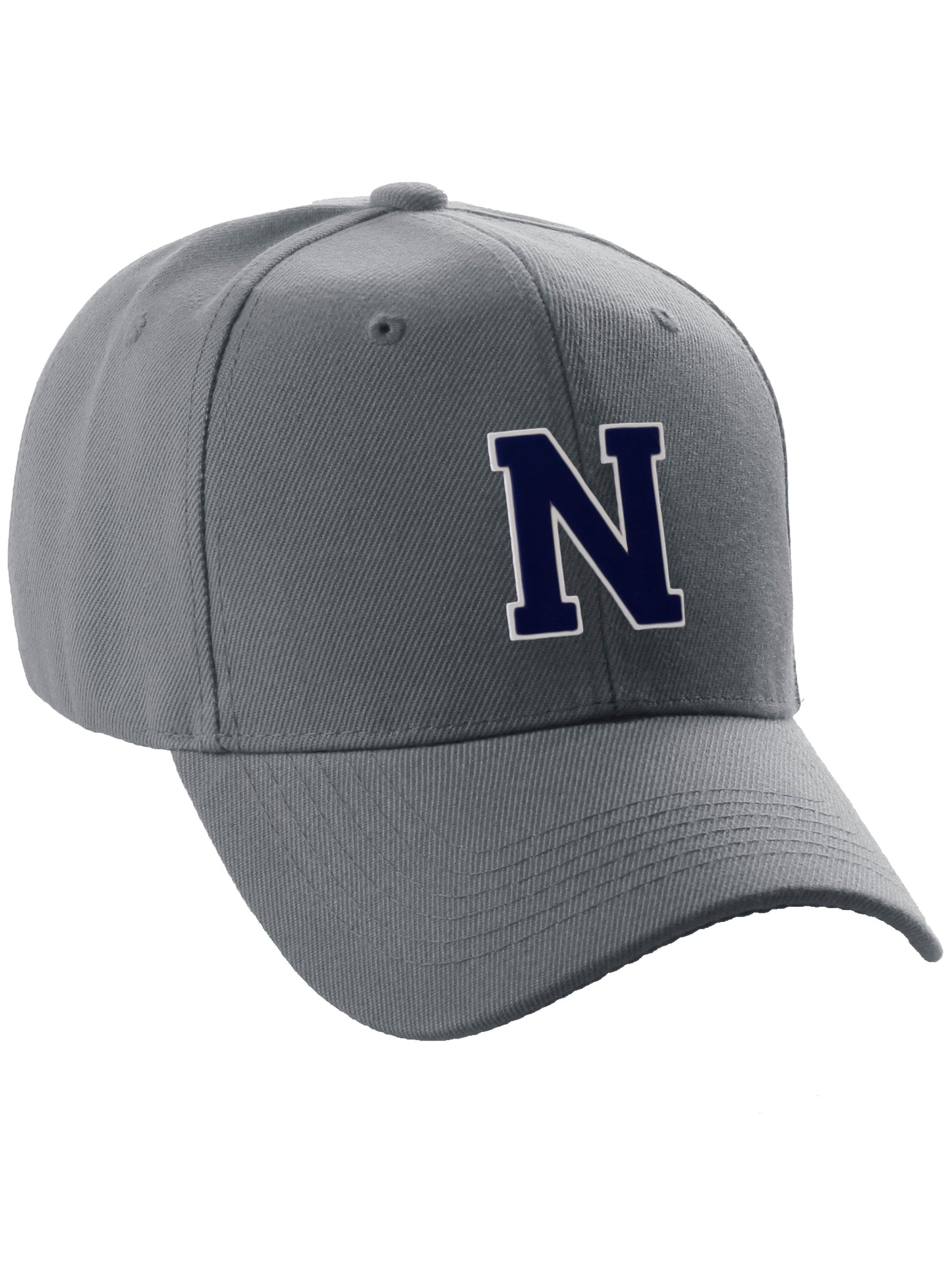 Classic Baseball Hat Custom A to Z Initial Team Letter, Charcoal Cap White Navy