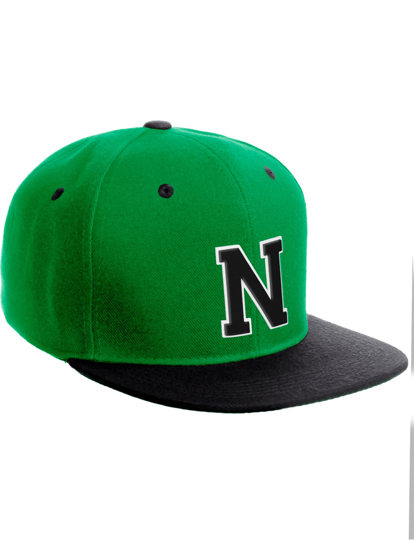 Classic Snapback Hat Custom A to Z Initial Letters, Green Black Cap White Black