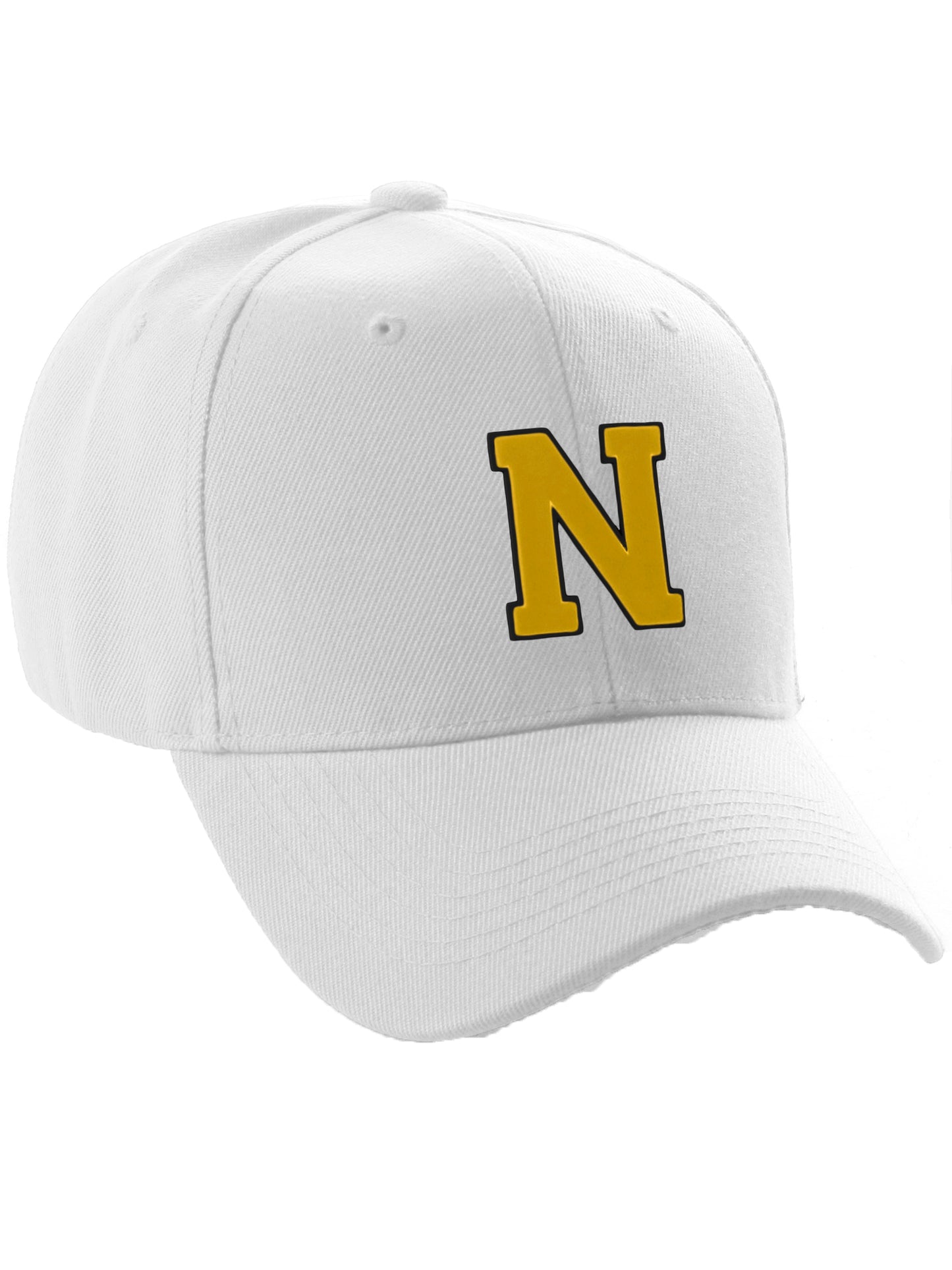 Classic Baseball Hat Custom A to Z Initial Team Letter, White Cap Black Gold