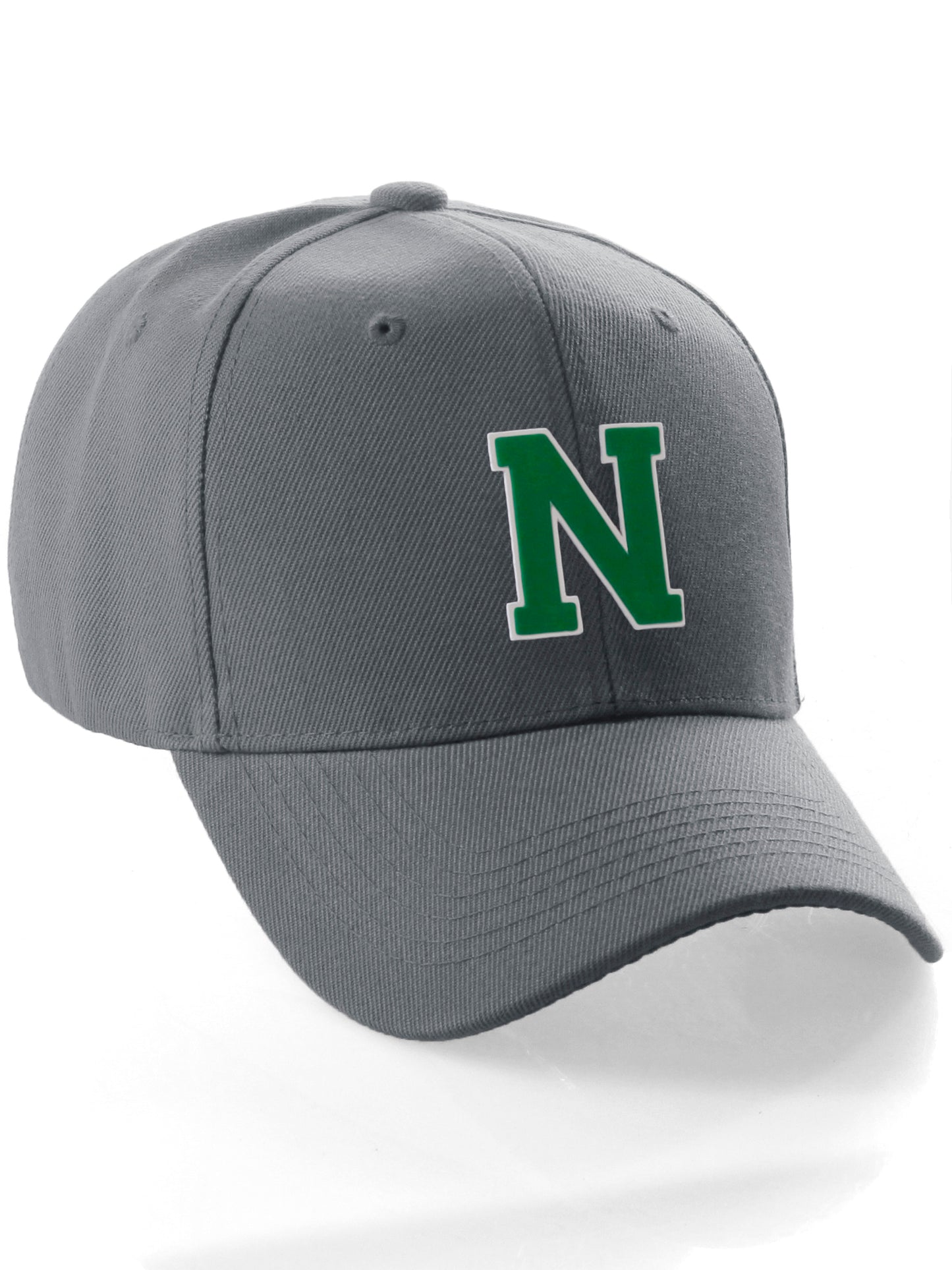 Classic Baseball Hat Custom A to Z Initial Team Letter, Charcoal Cap White Green