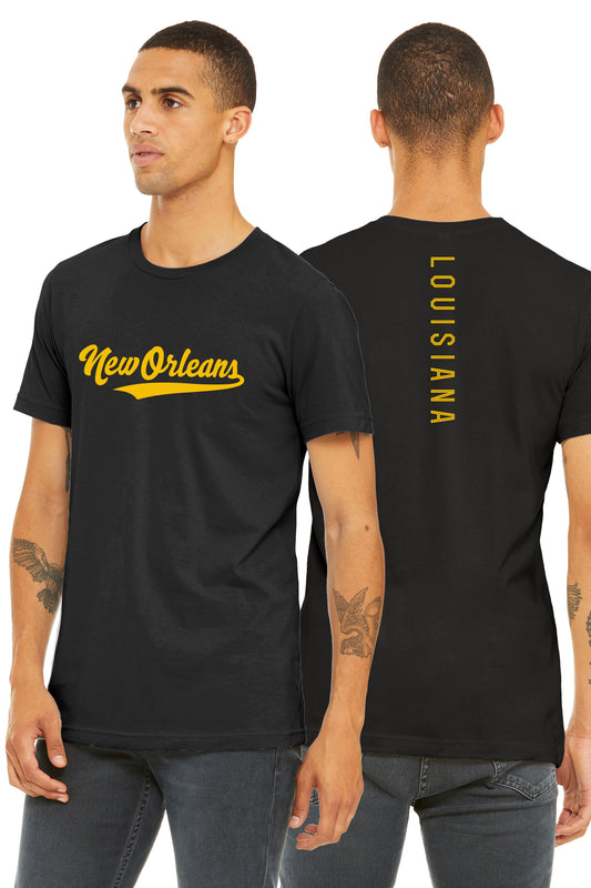 Daxton Adult Unisex Tshirt New Orleans Script with Louisiana Vertical on the Back