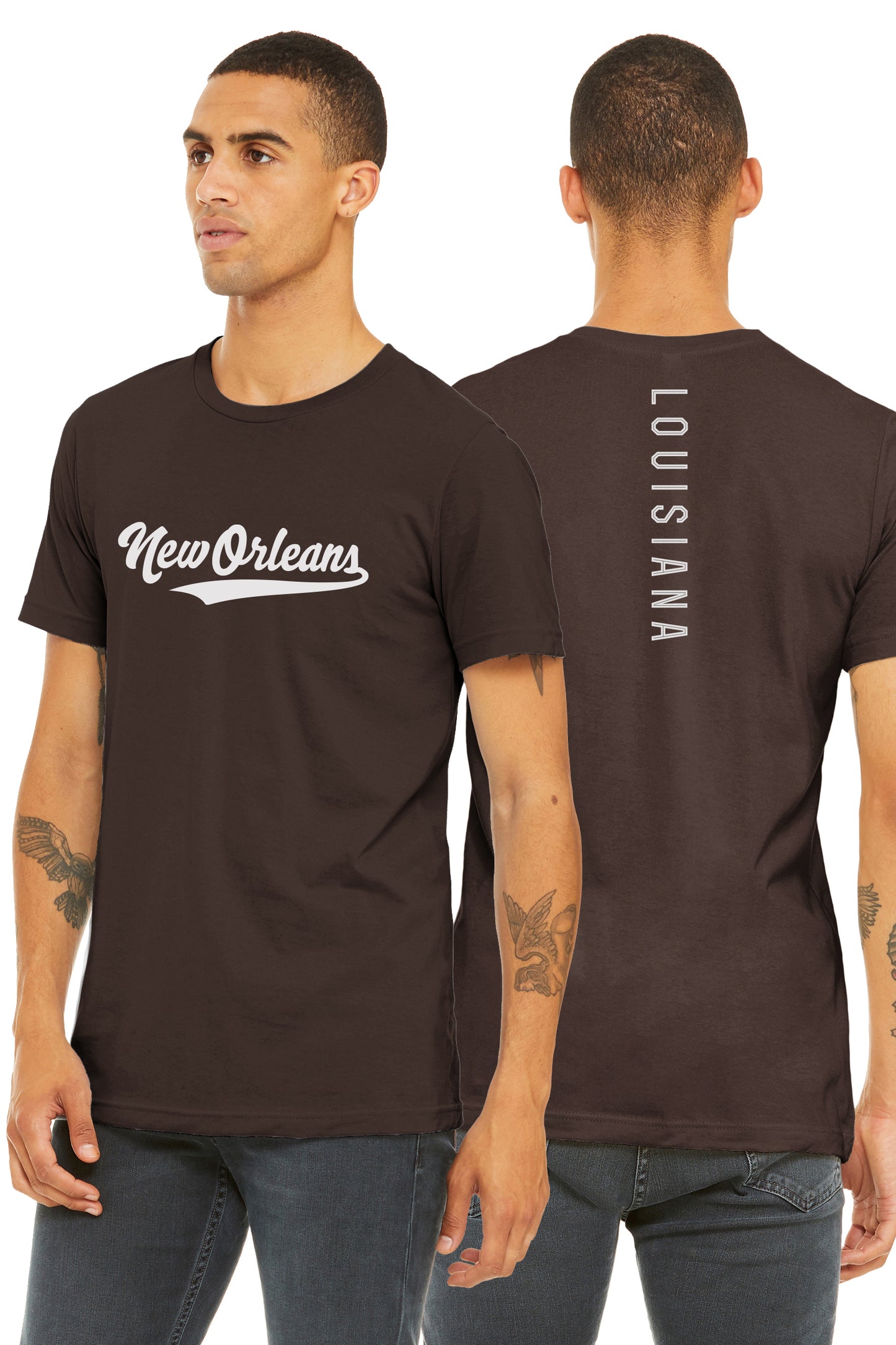 Daxton Adult Unisex Tshirt New Orleans Script with Louisiana Vertical on the Back