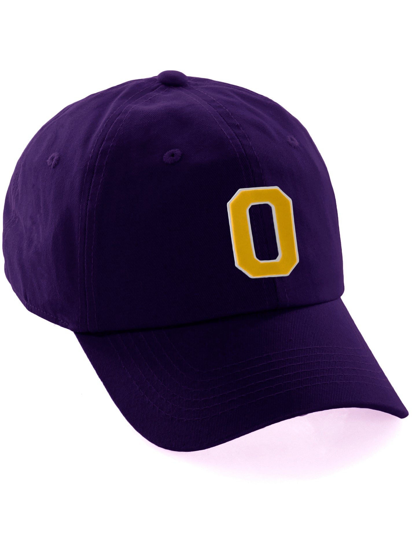 Customized Letter Initial Baseball Hat A to Z Team Colors, Purple Cap White Gold