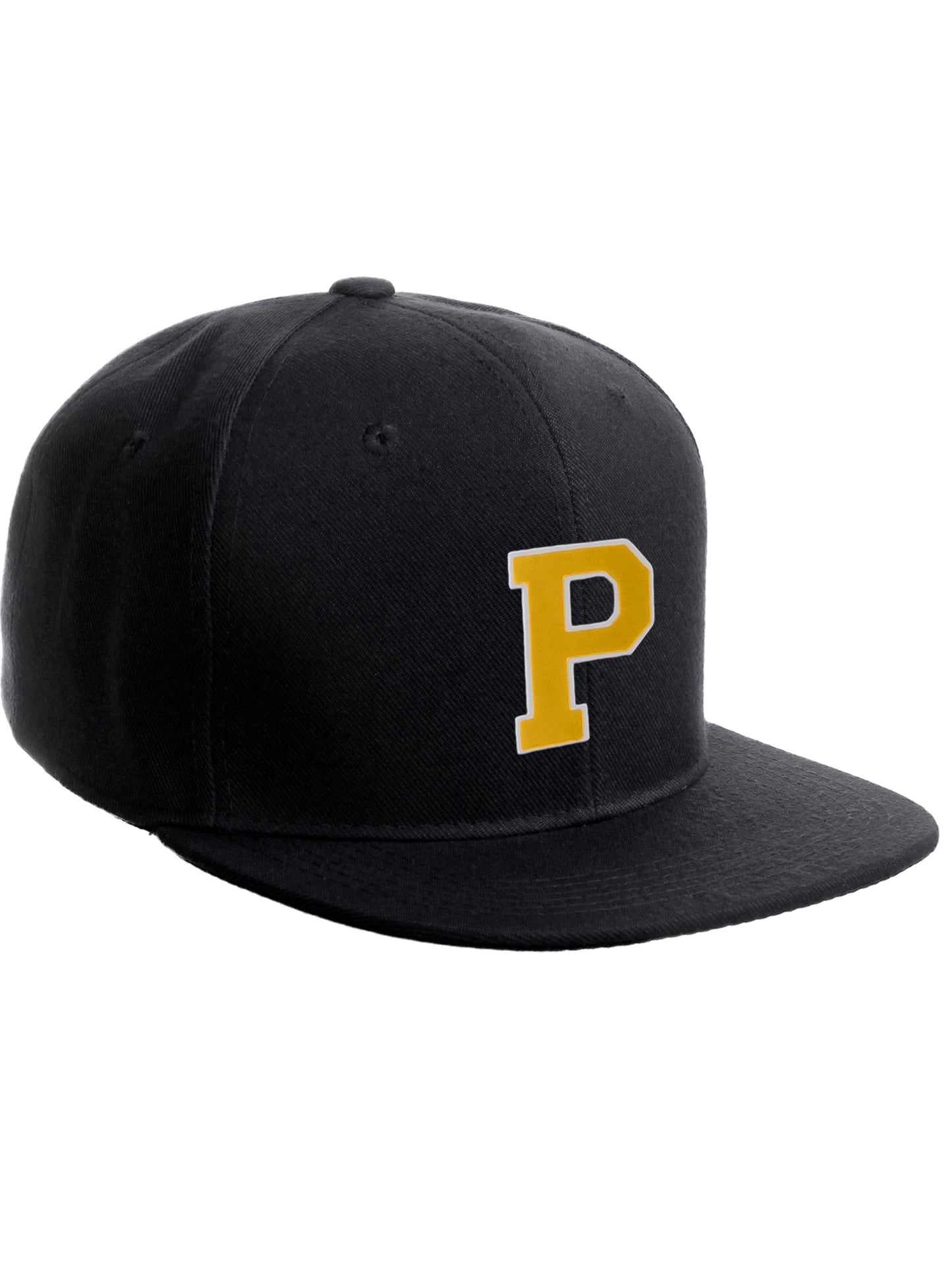 Classic Snapback Hat Custom A to Z Initial Raised Letters, Black Cap White Gold