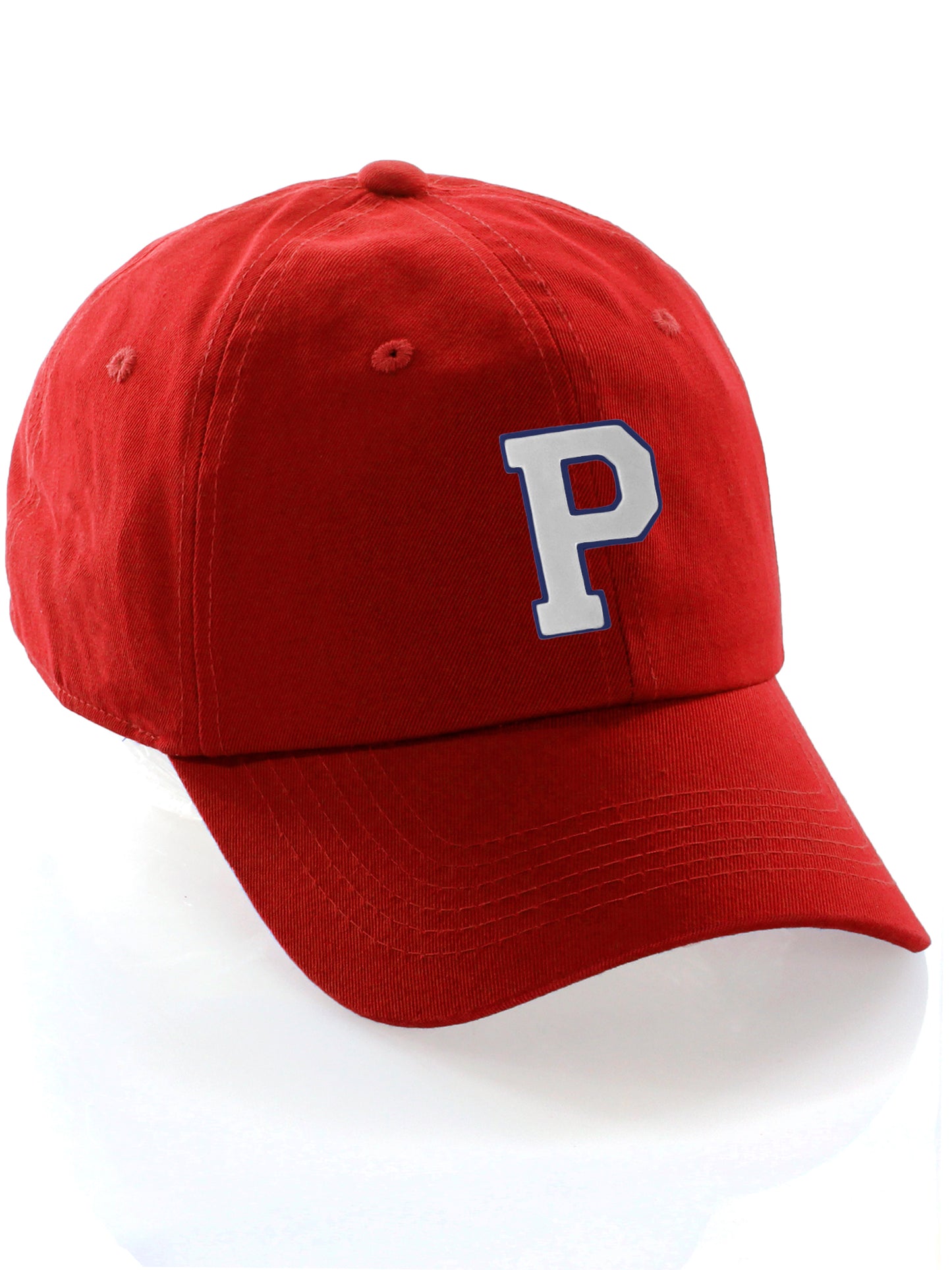 Customized Letter Initial Baseball Hat A to Z Team Colors, Red Cap Blue White
