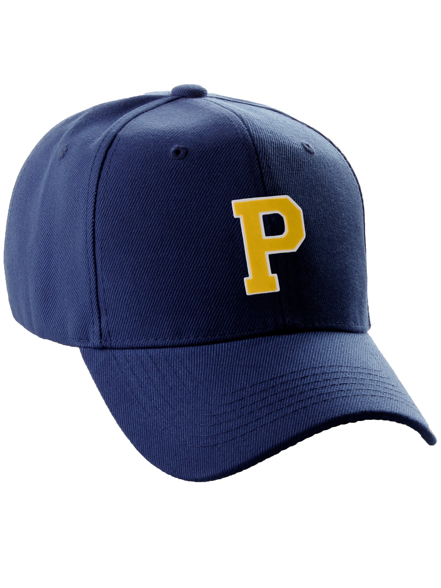 Classic Baseball Hat Custom A to Z Initial Team Letter, Navy Cap White Gold