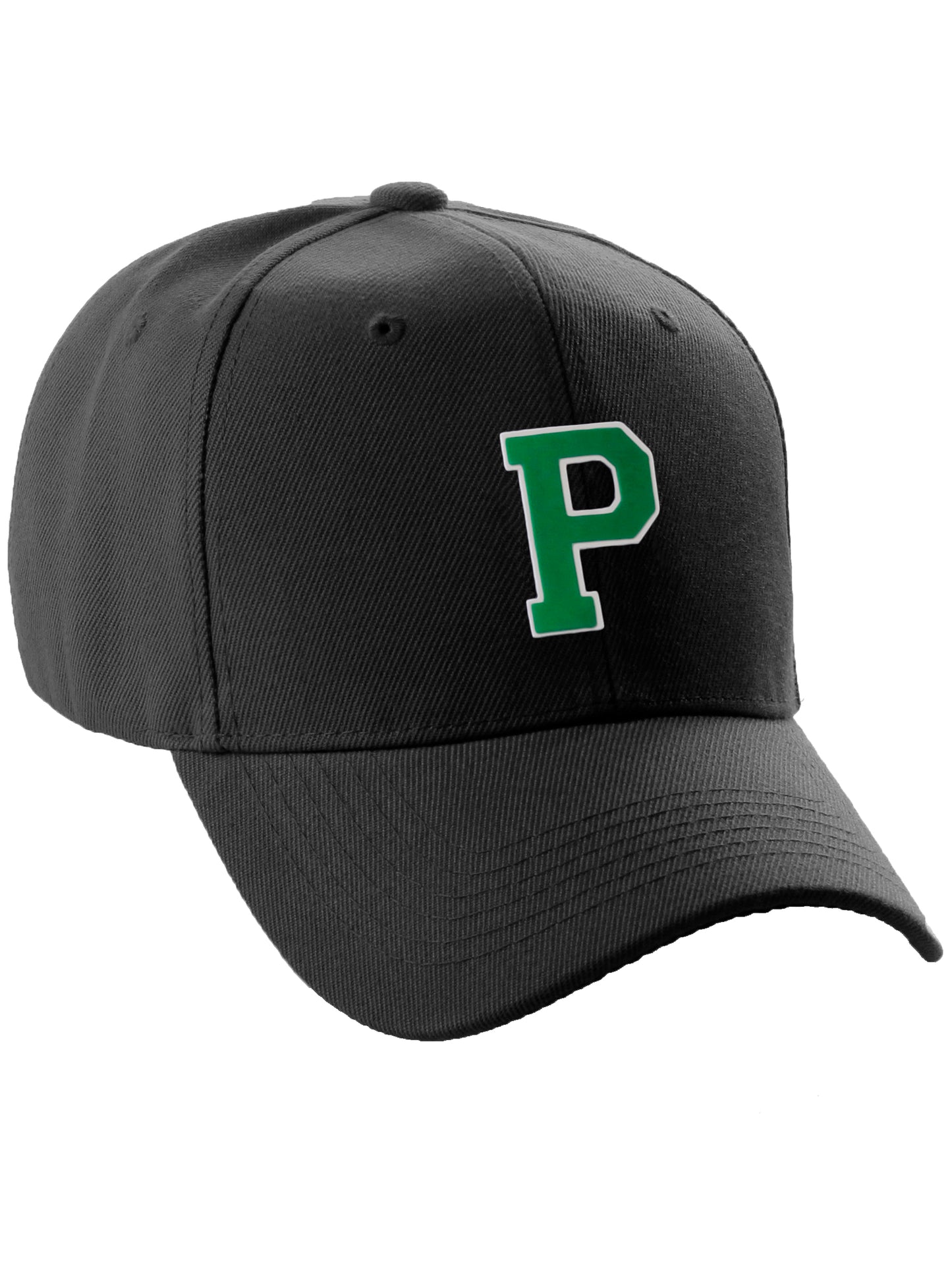 Classic Baseball Hat Custom A to Z Initial Team Letter, Black Cap White Green