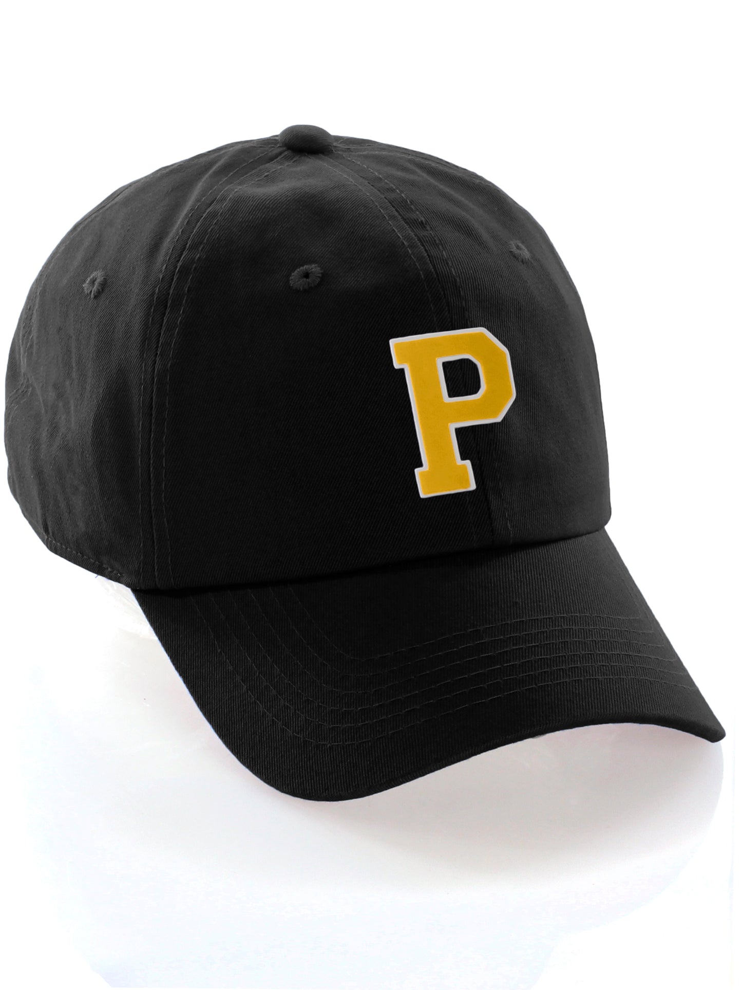 I&W Hatgear Customized Letter Initial Baseball Hat A to Z Team Colors, Black Cap White Gold