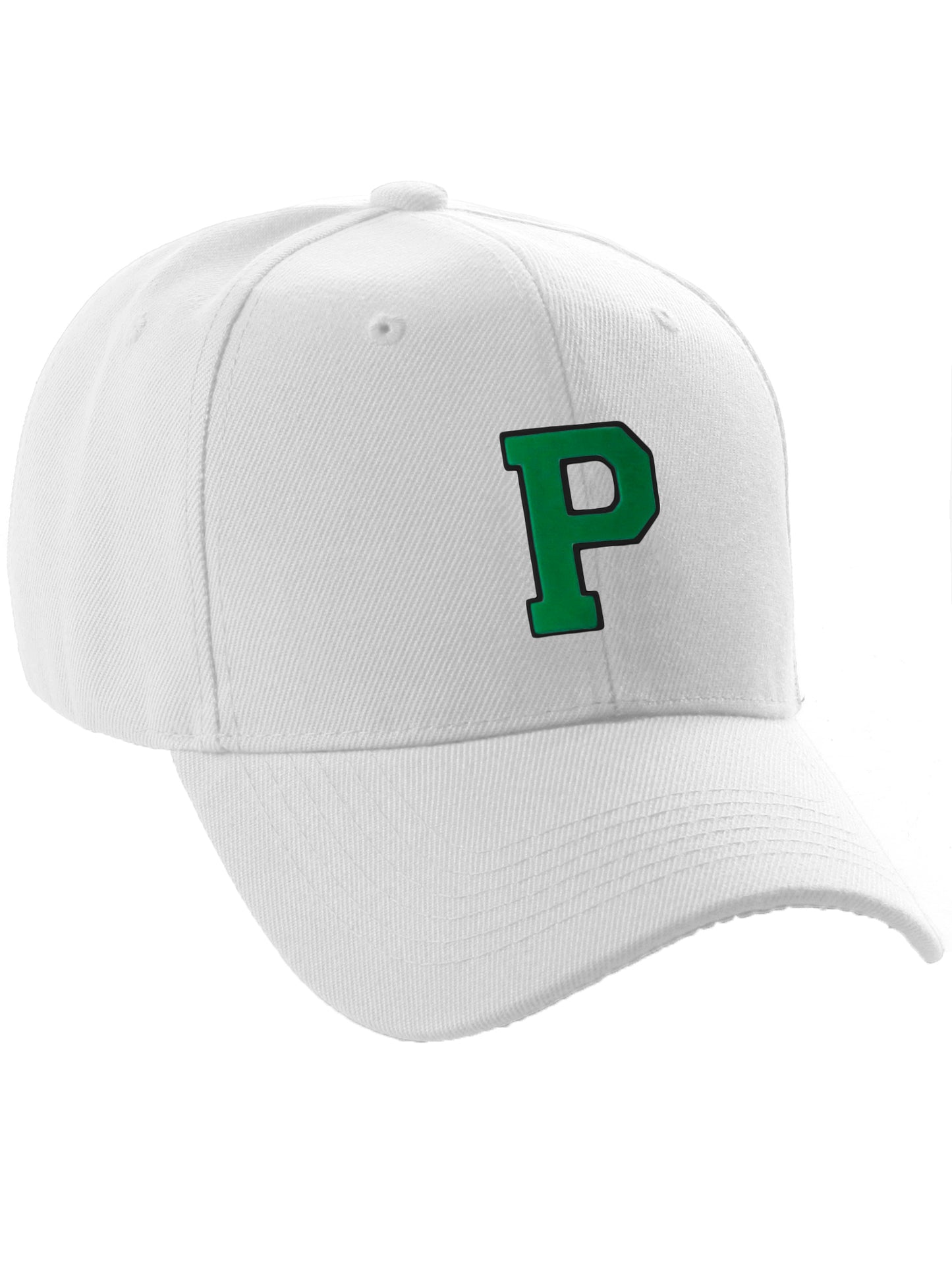 Classic Baseball Hat Custom A to Z Initial Team Letter, White Cap Black Green