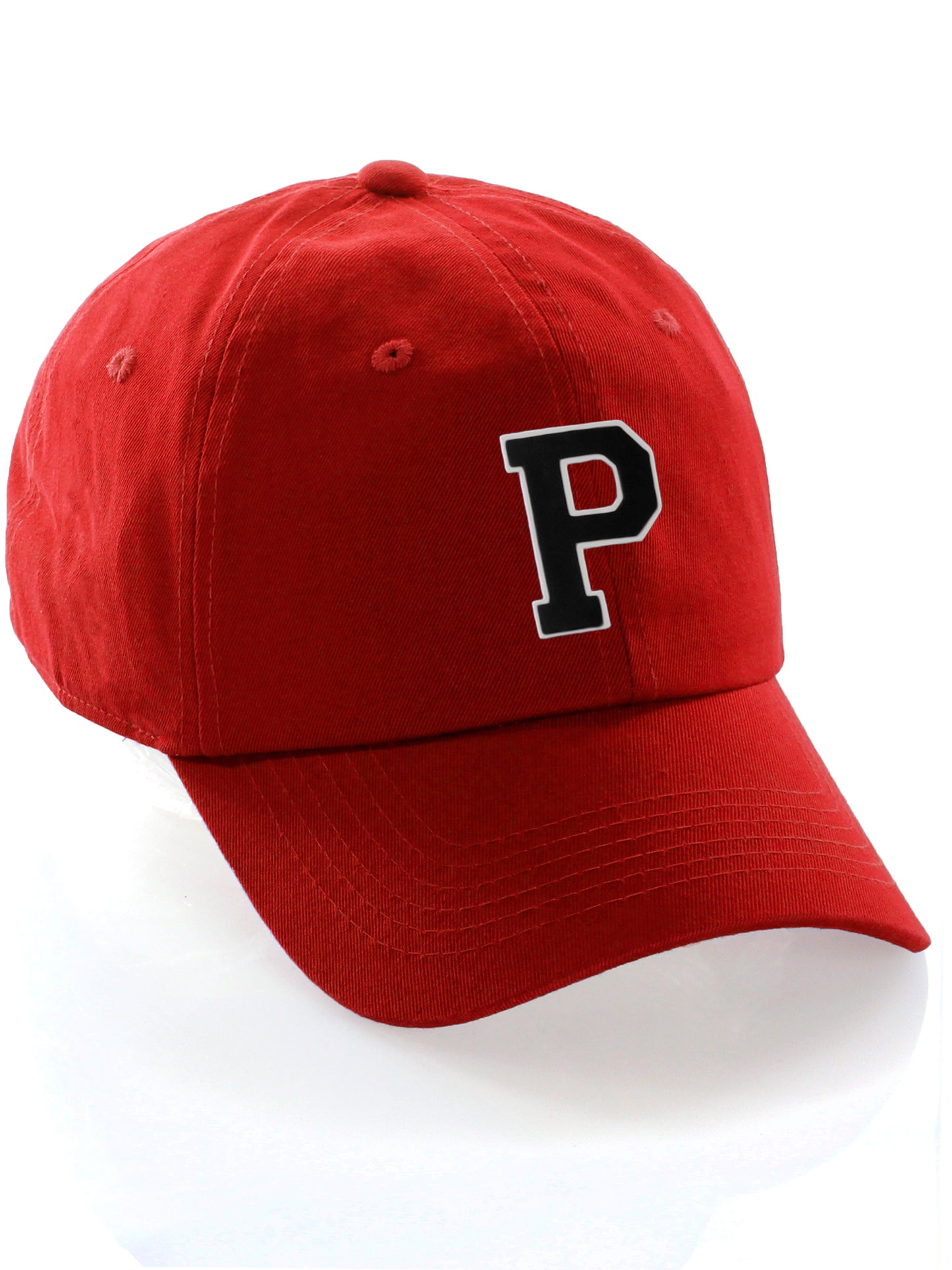 Customized Letter Initial Baseball Hat A to Z Team Colors, Red Cap White Black