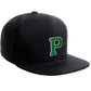 Classic Snapback Hat Custom A to Z Initial Raised Letters, Black Cap White Green