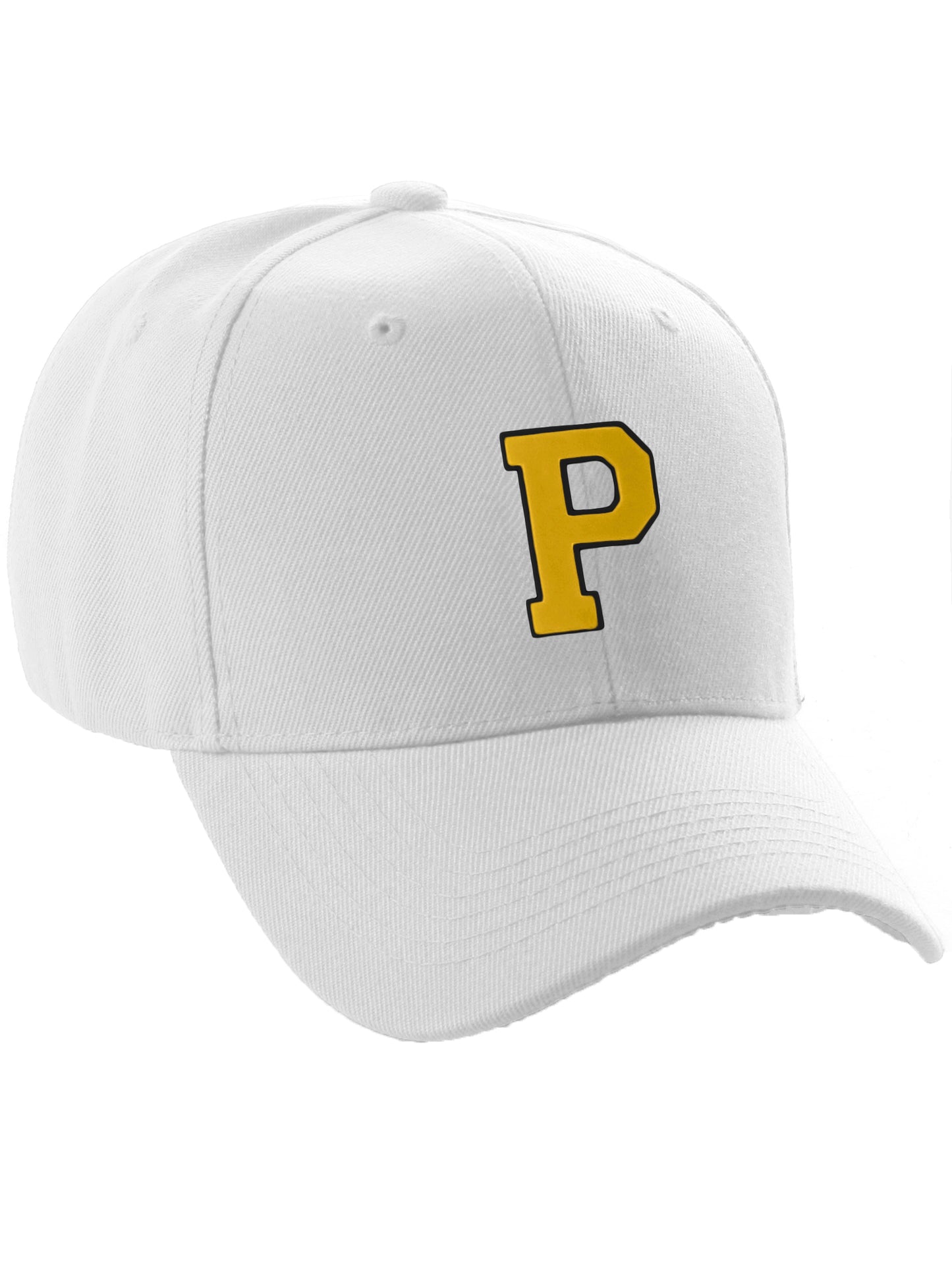 Classic Baseball Hat Custom A to Z Initial Team Letter, White Cap Black Gold