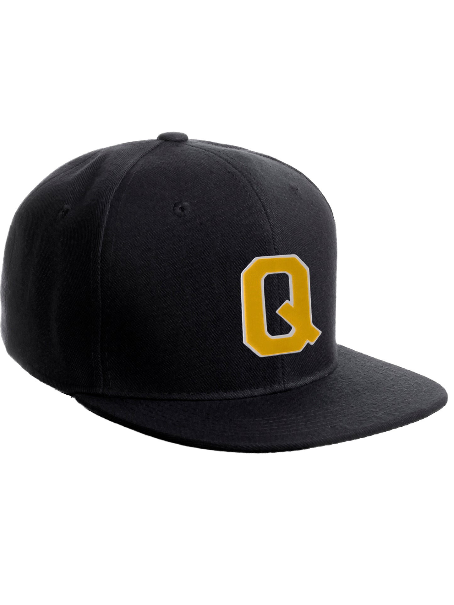 Classic Snapback Hat Custom A to Z Initial Raised Letters, Black Cap White Gold