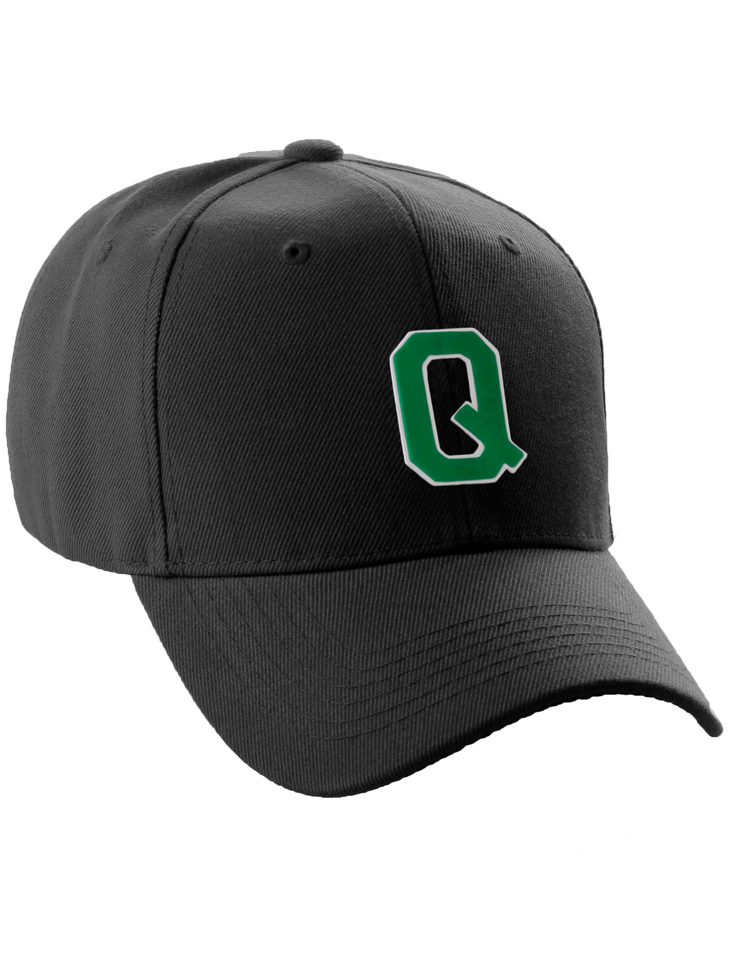 Classic Baseball Hat Custom A to Z Initial Team Letter, Black Cap White Green