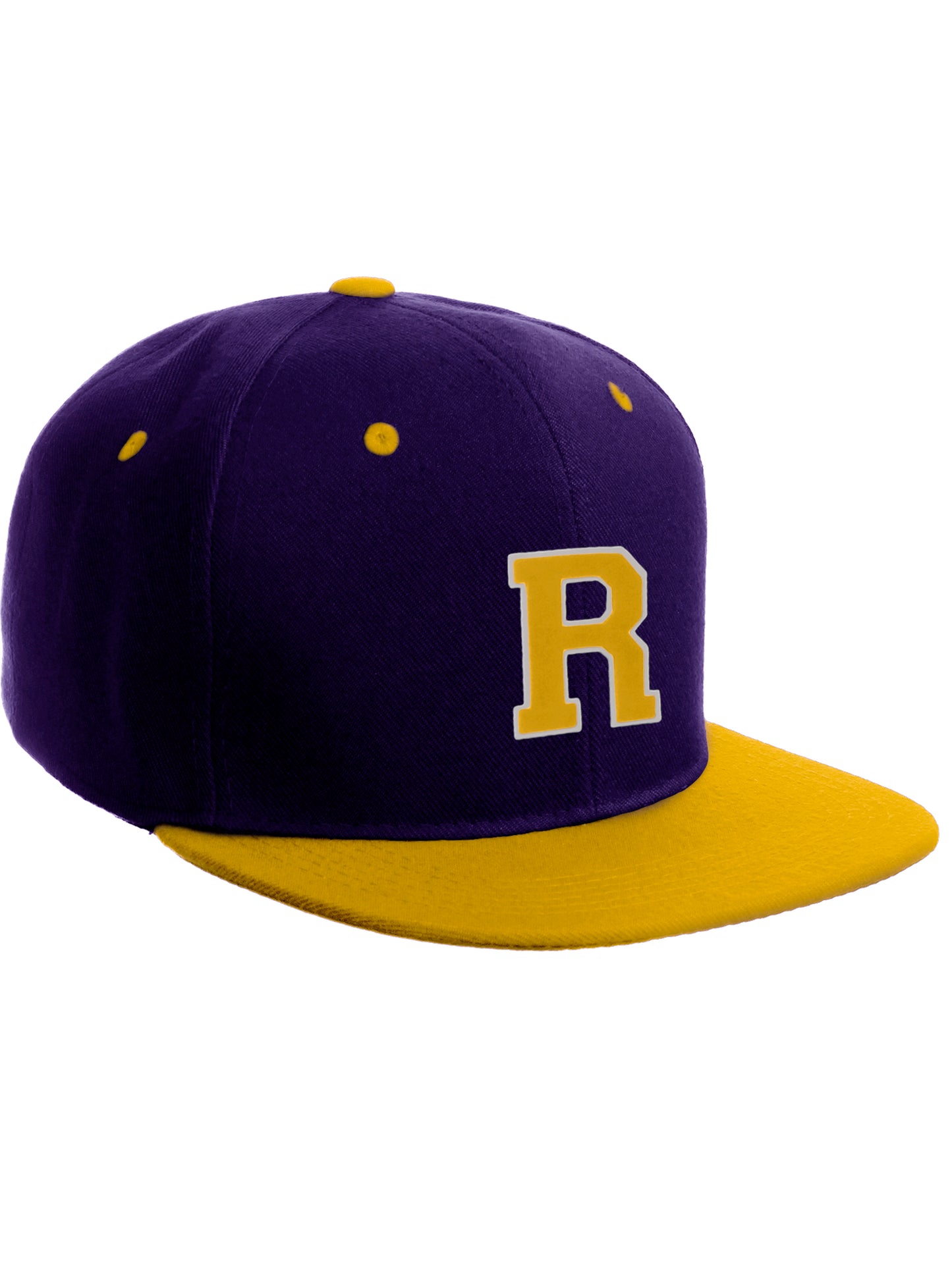 Classic Snapback Hat Custom A to Z Initial Letters, Purple Gold Cap White Gold