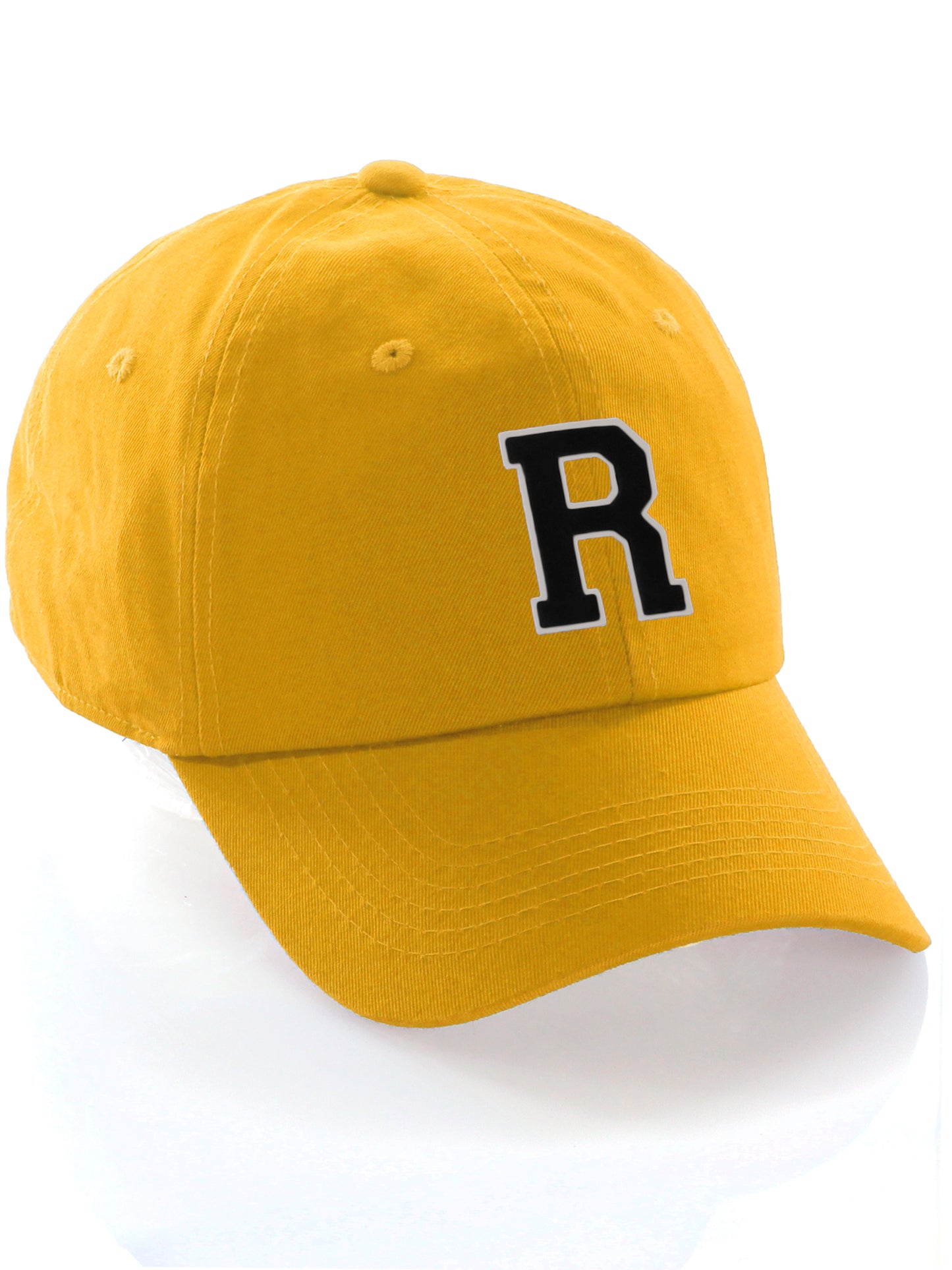 I&W Hatgear Customized Letter Initial Baseball Hat A to Z Team Colors, Gold Cap White Black