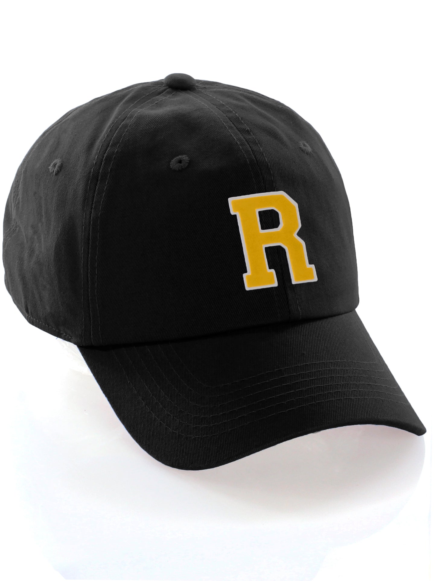 I&W Hatgear Customized Letter Initial Baseball Hat A to Z Team Colors, Black Cap White Gold