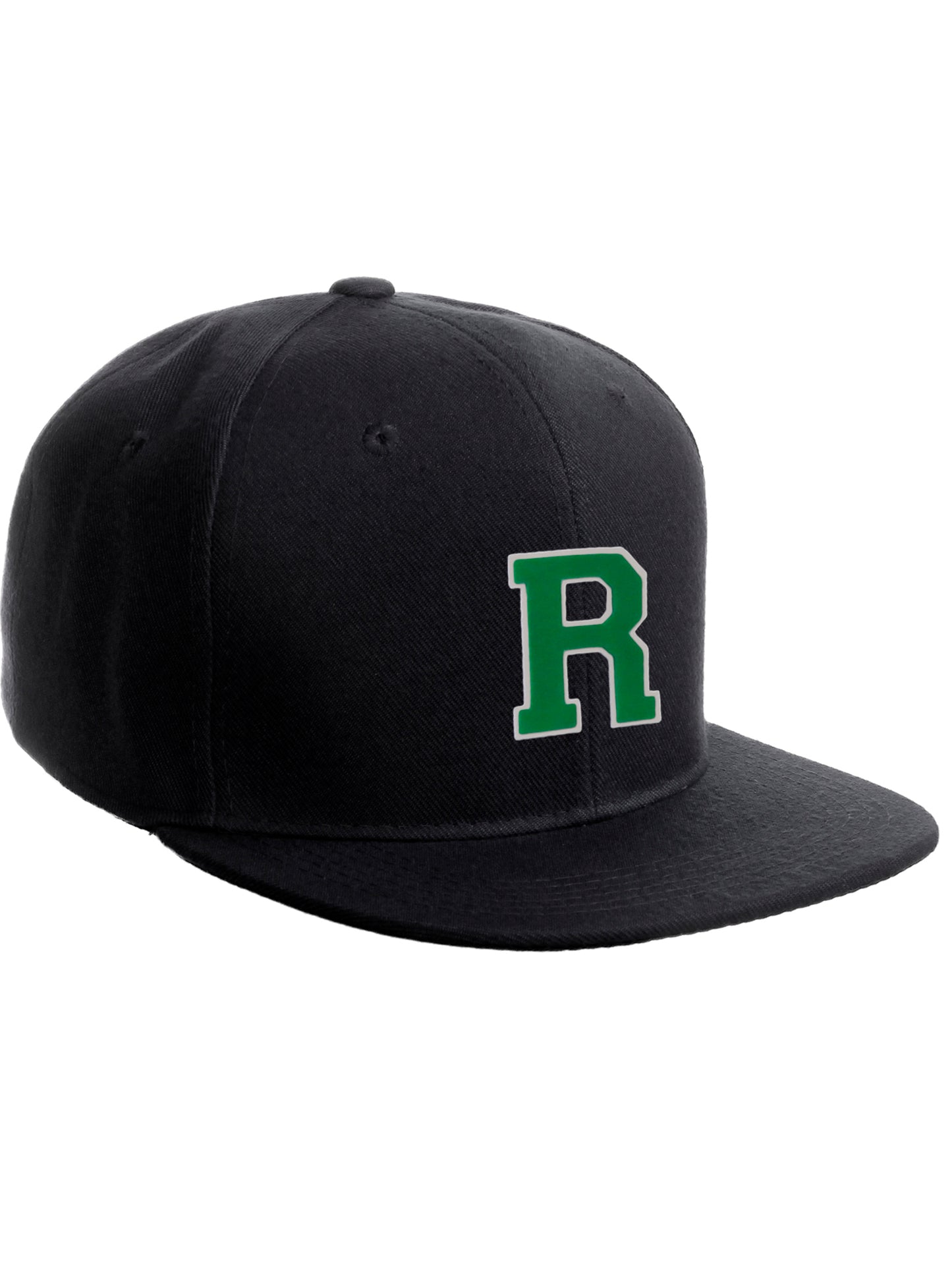 Classic Snapback Hat Custom A to Z Initial Raised Letters, Black Cap White Green