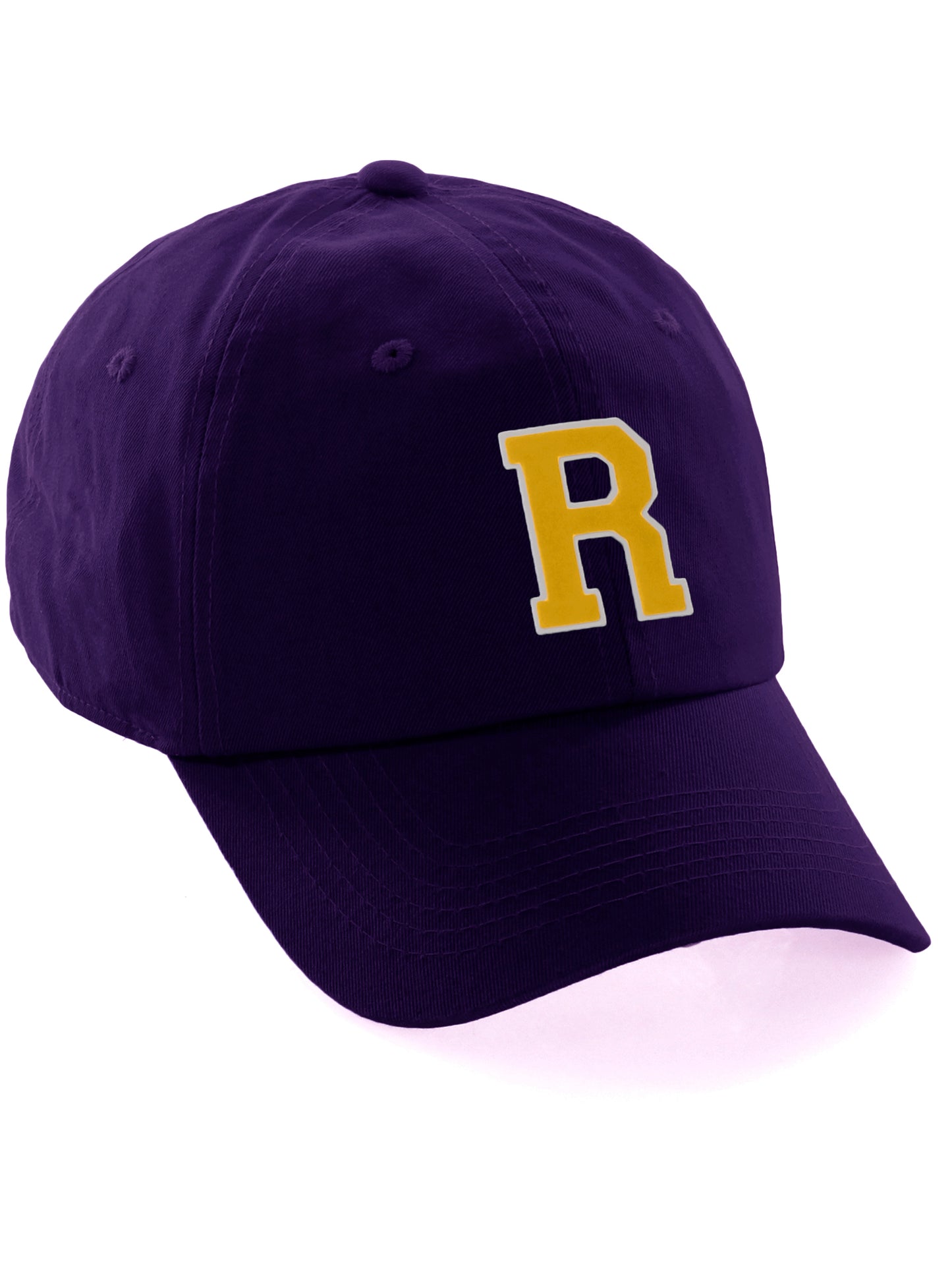 Customized Letter Initial Baseball Hat A to Z Team Colors, Purple Cap White Gold