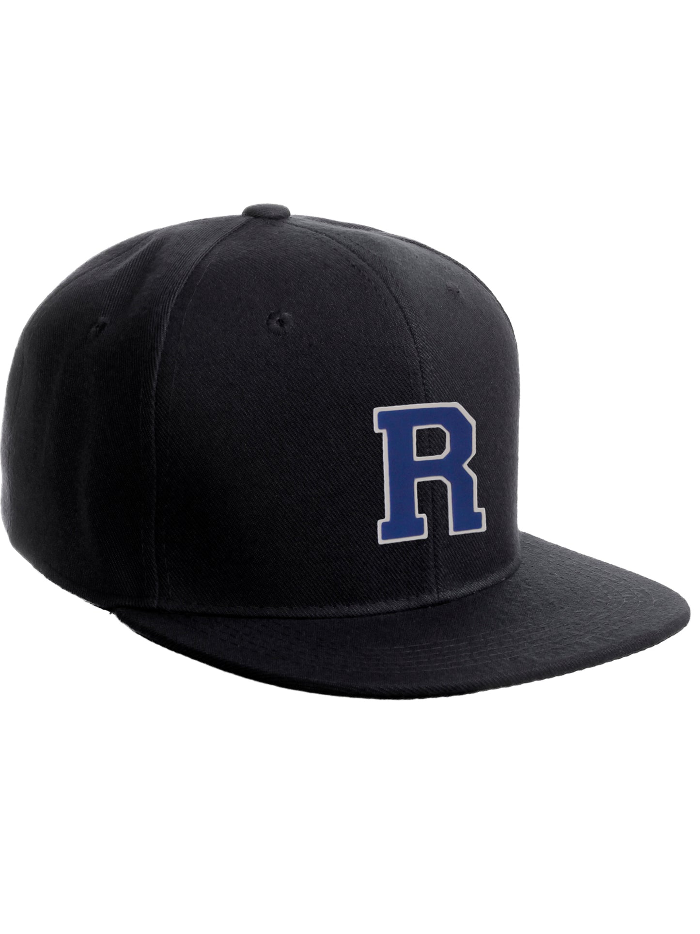 Classic Snapback Hat Custom A to Z Initial Raised Letters, Black Cap White Royal