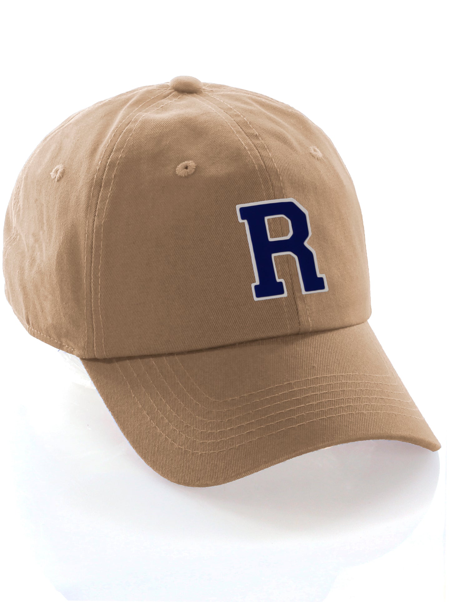 I&W Hatgear Customized Letter Initial Baseball Hat A to Z Team Colors, Khaki Cap White Navy