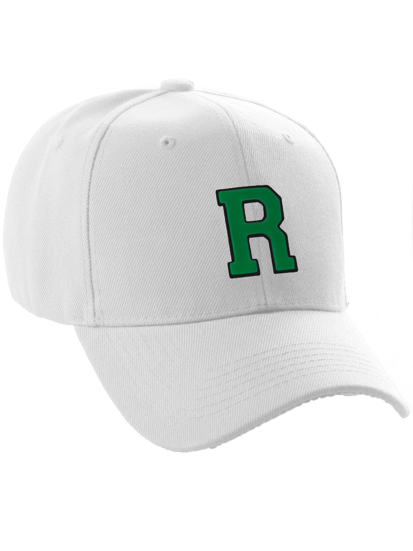 Classic Baseball Hat Custom A to Z Initial Team Letter, White Cap Black Green