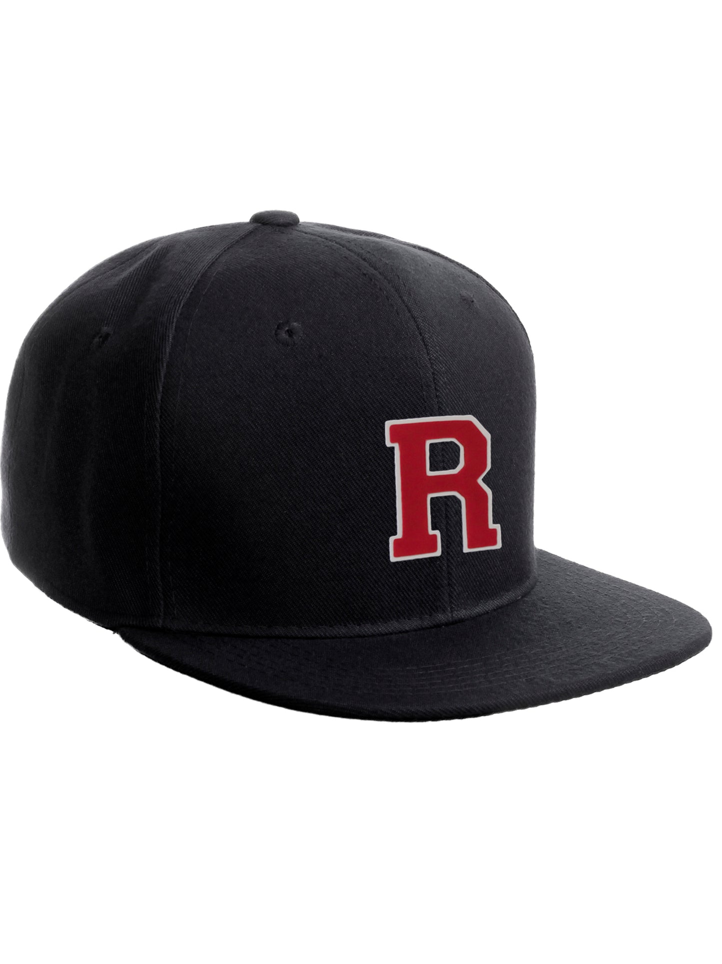 Classic Snapback Hat Custom A to Z Initial Raised Letters, Black Cap White Red