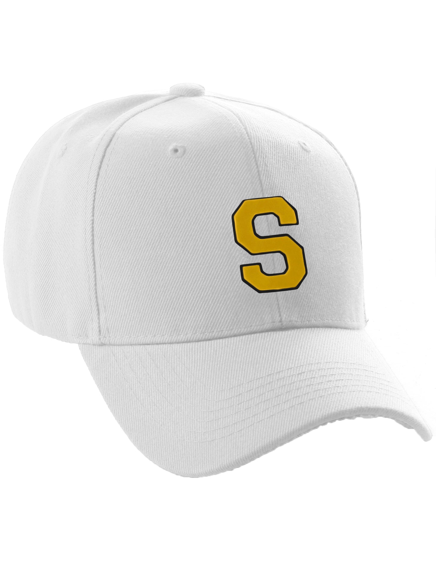 Classic Baseball Hat Custom A to Z Initial Team Letter, White Cap Black Gold