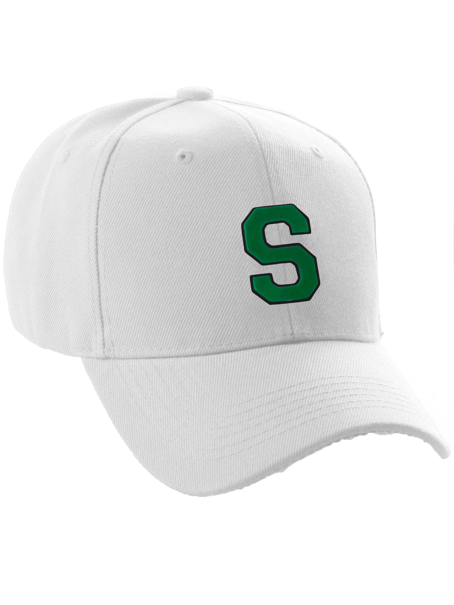 Classic Baseball Hat Custom A to Z Initial Team Letter, White Cap Black Green